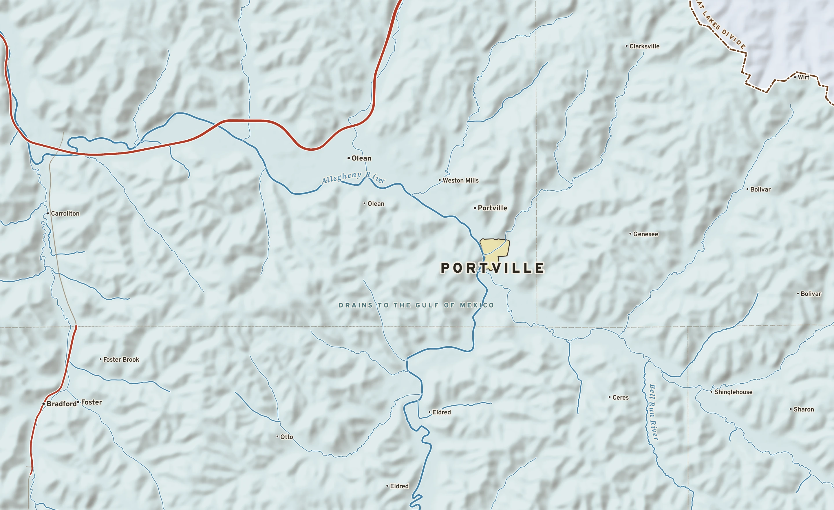 Shaded-relief atlas plate of Portville, New York: rivers, roads, the city limits and where the water drains.