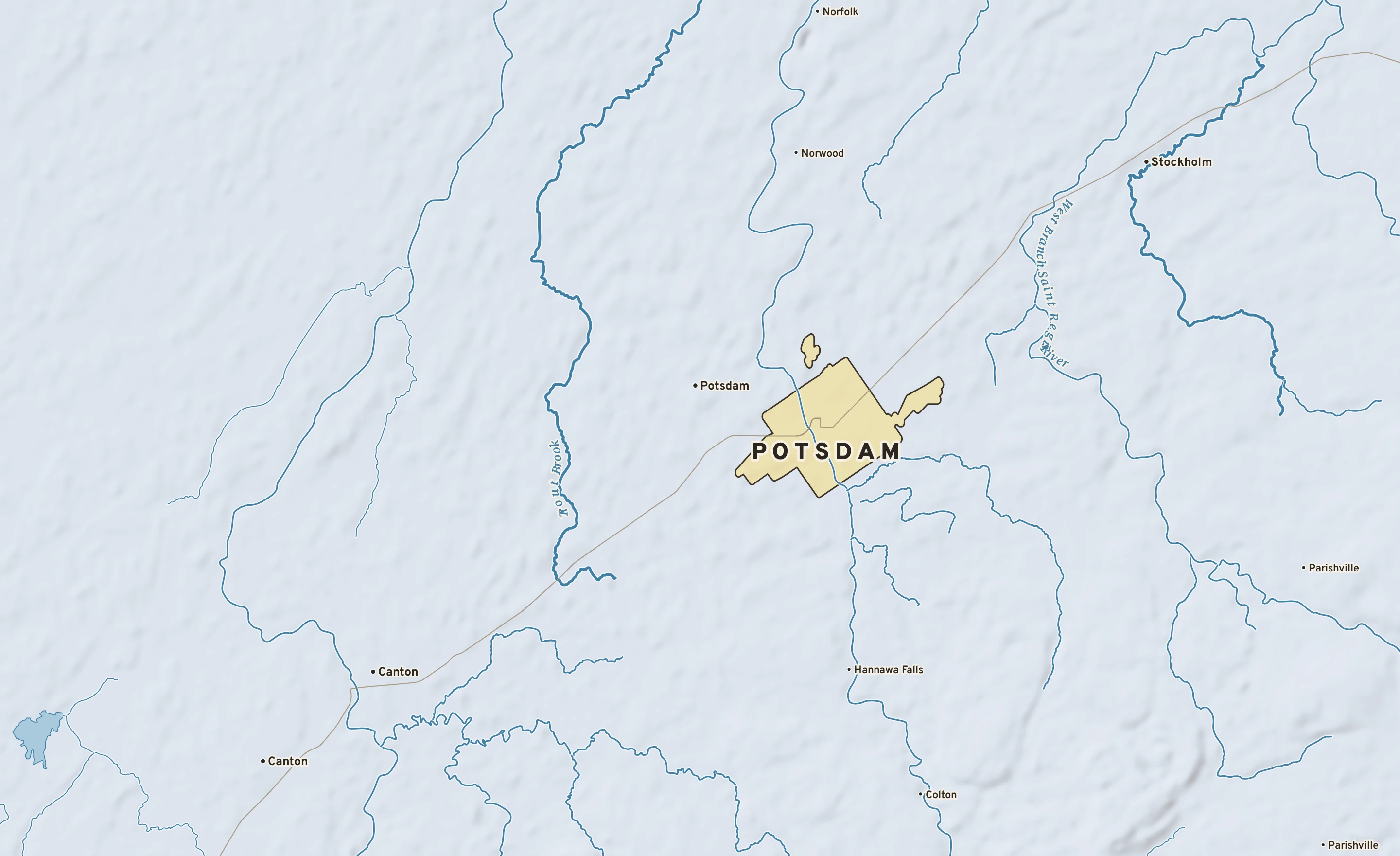Shaded-relief atlas plate of Potsdam, New York: rivers, roads, the city limits and where the water drains.