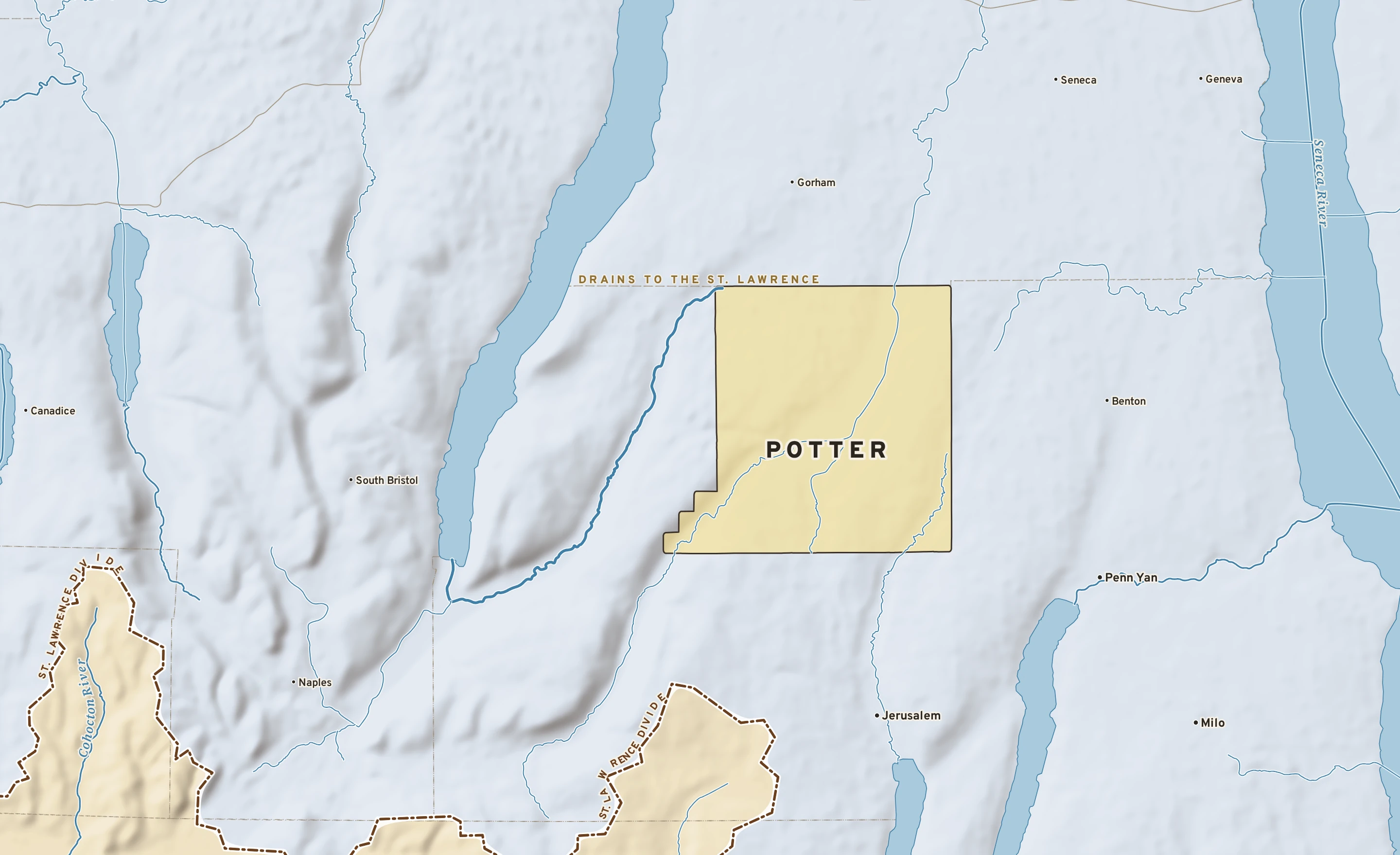 Shaded-relief atlas plate of Potter, New York: rivers, roads, the city limits and where the water drains.