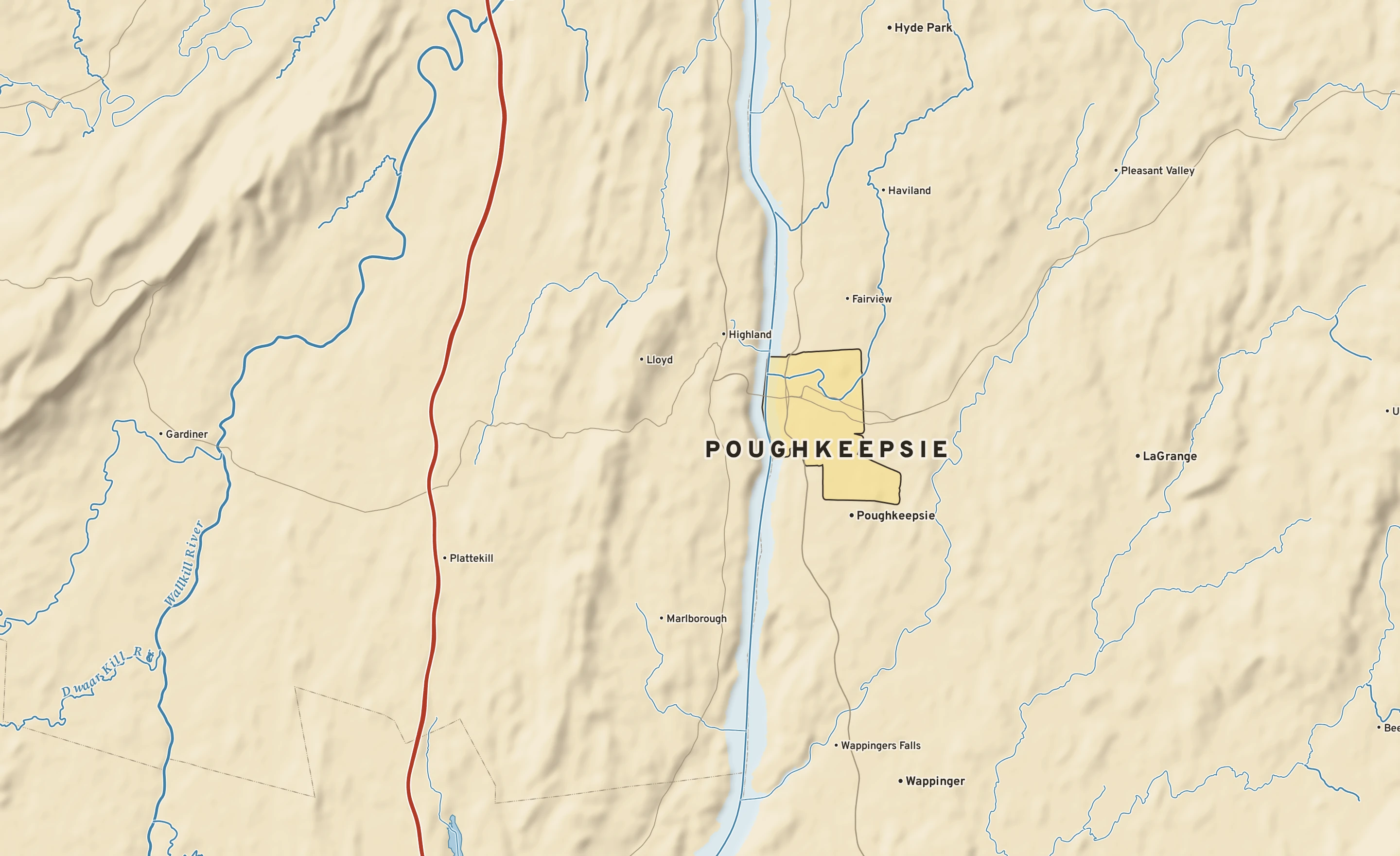Shaded-relief atlas plate of Poughkeepsie, New York: rivers, roads, the city limits and where the water drains.