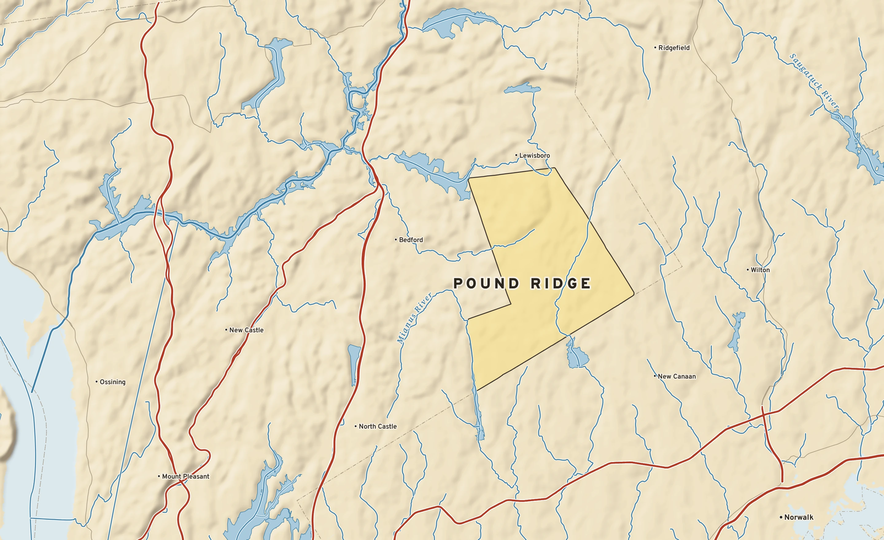 Shaded-relief atlas plate of Pound Ridge, New York: rivers, roads, the city limits and where the water drains.