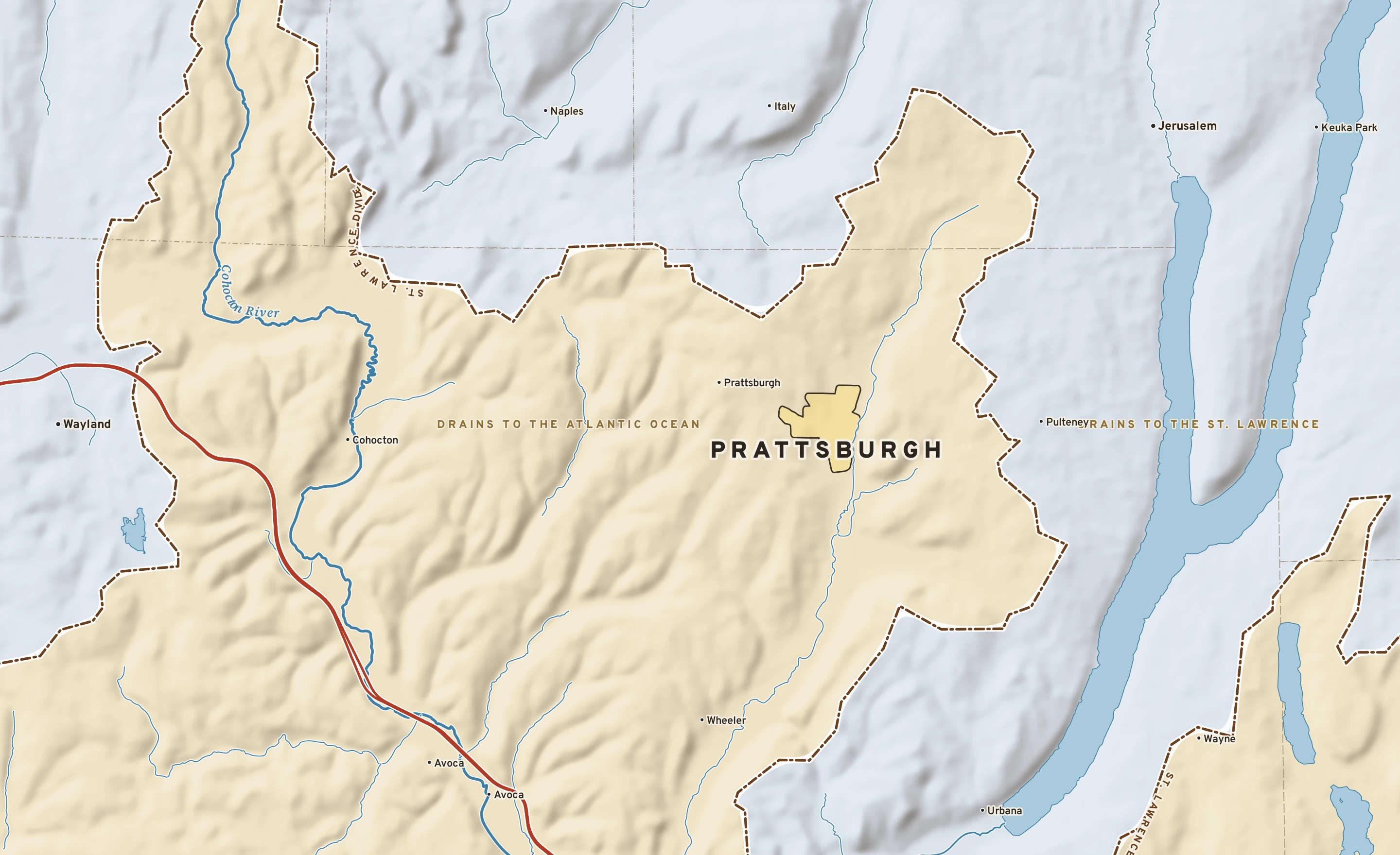 Shaded-relief atlas plate of Prattsburgh, New York: rivers, roads, the city limits and where the water drains.