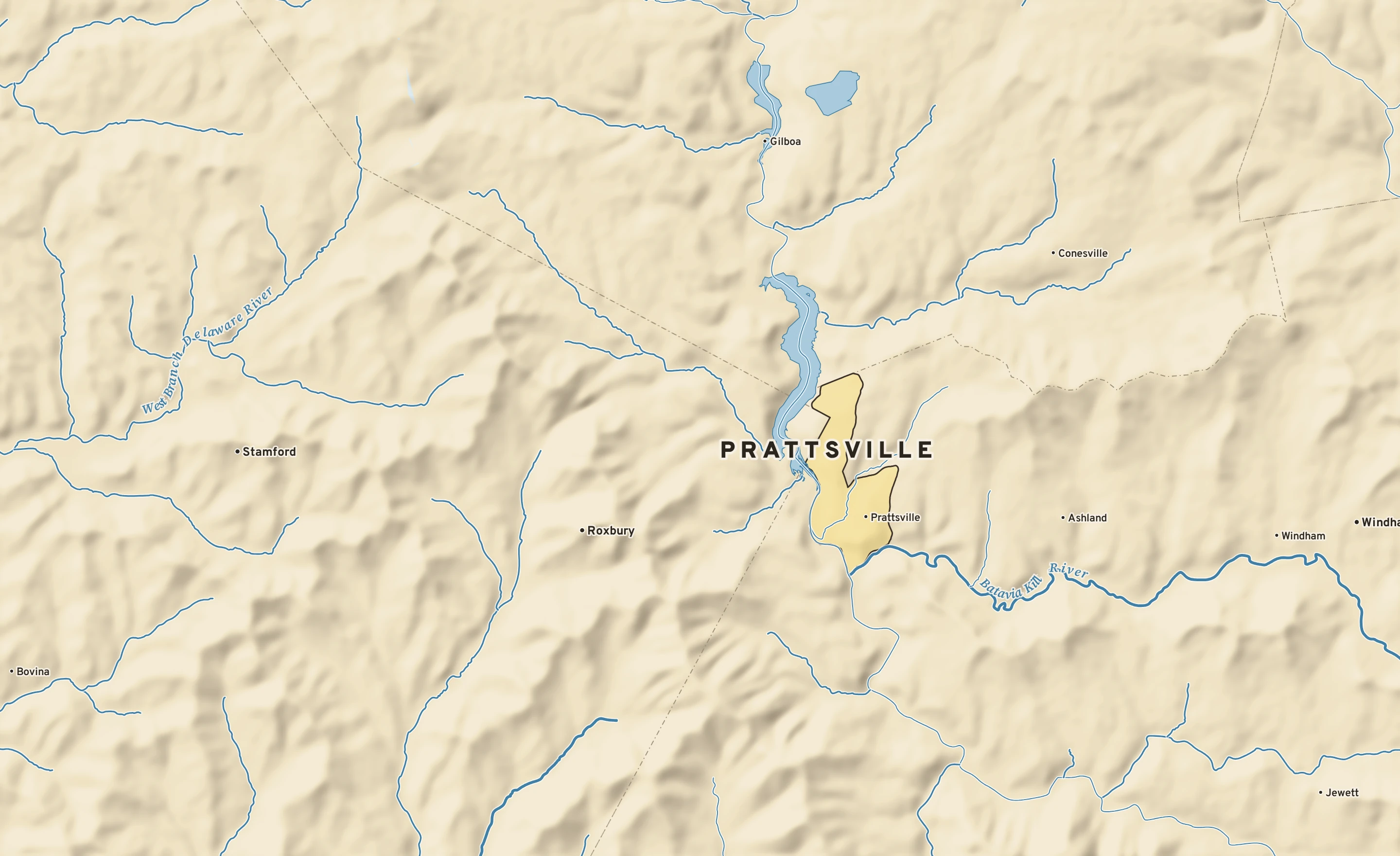 Shaded-relief atlas plate of Prattsville, New York: rivers, roads, the city limits and where the water drains.