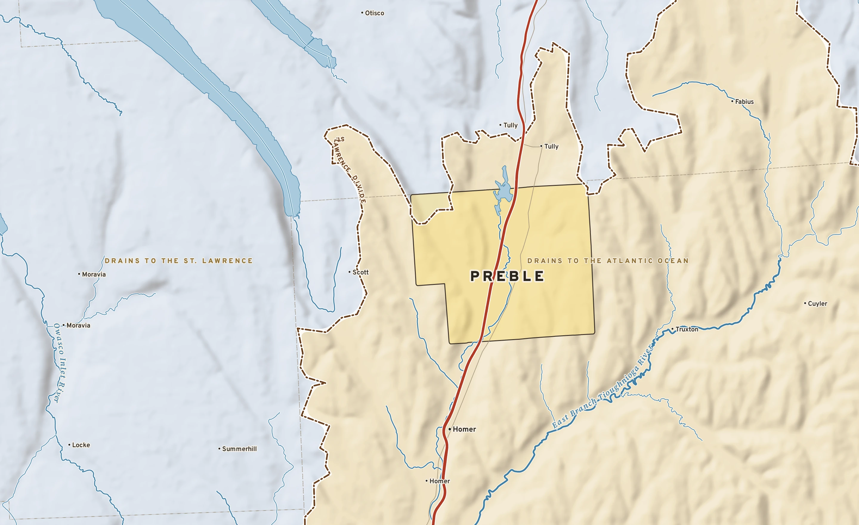 Shaded-relief atlas plate of Preble, New York: rivers, roads, the city limits and where the water drains.