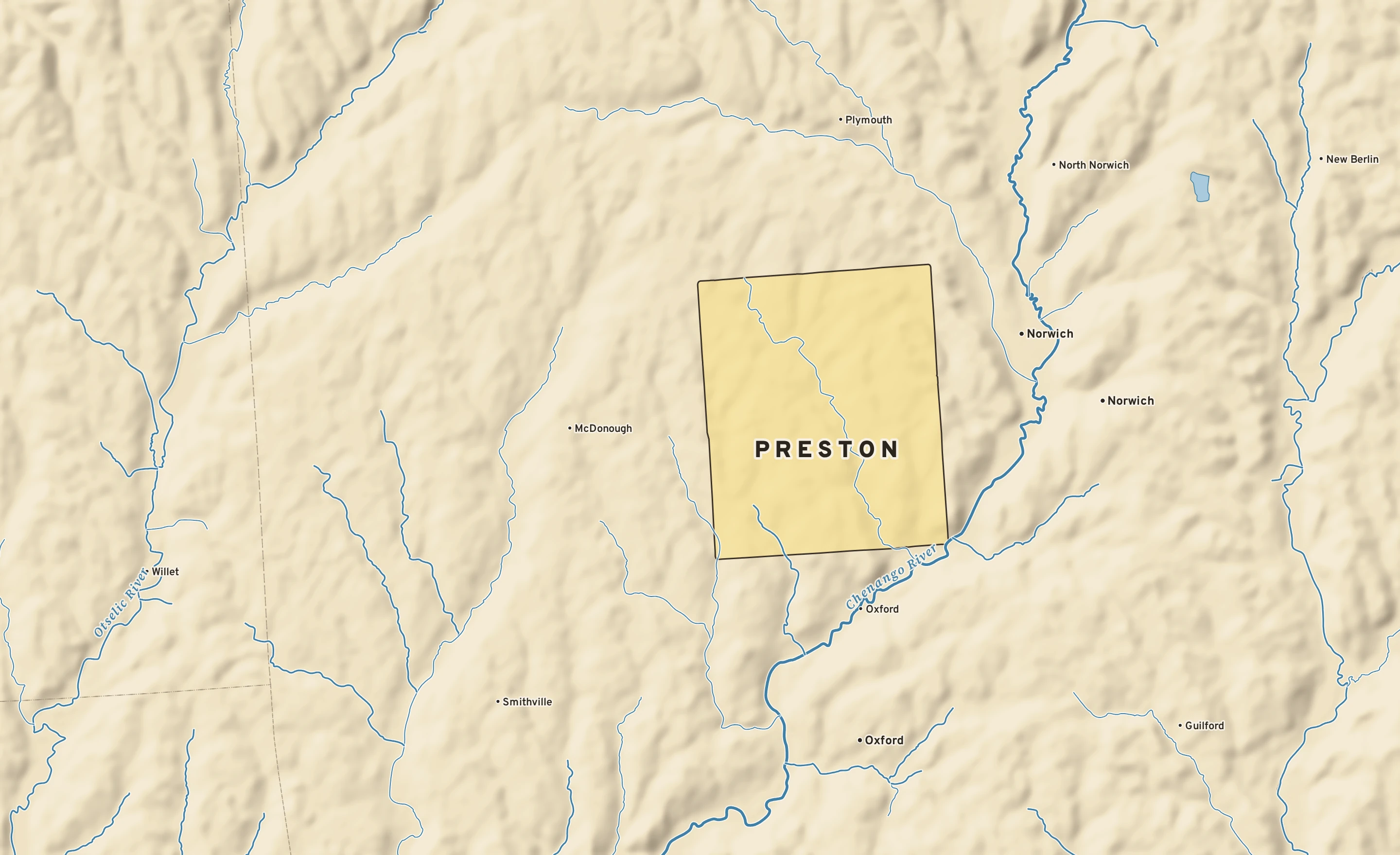 Shaded-relief atlas plate of Preston, New York: rivers, roads, the city limits and where the water drains.