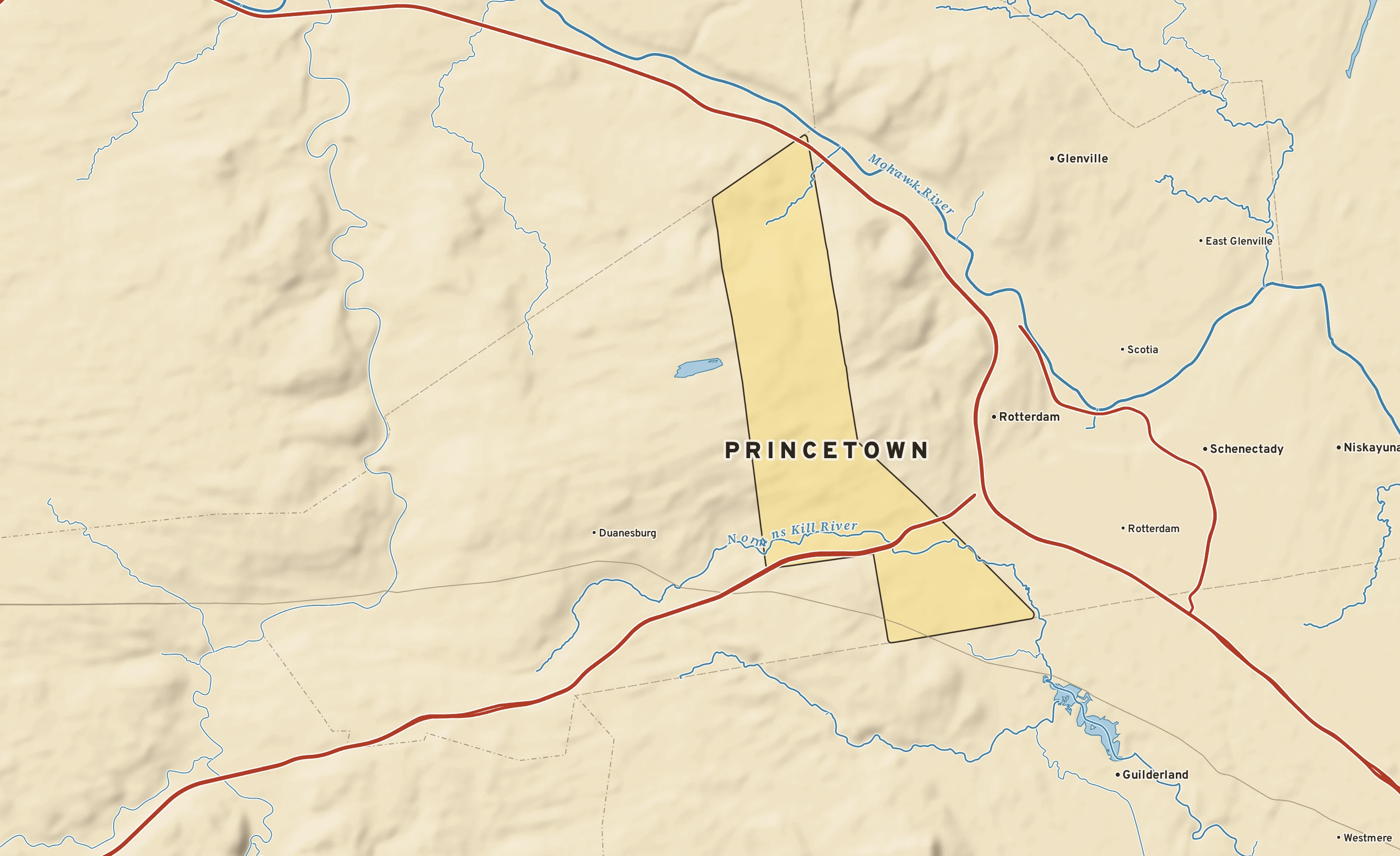 Shaded-relief atlas plate of Princetown, New York: rivers, roads, the city limits and where the water drains.