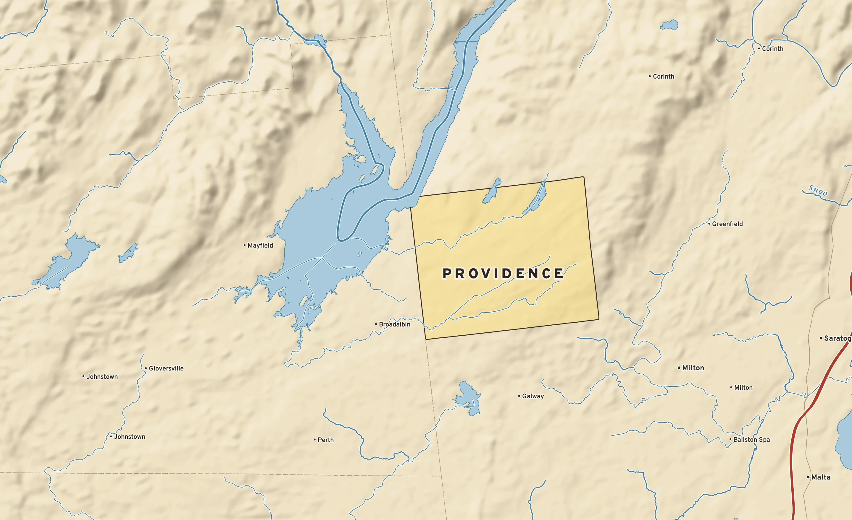 Shaded-relief atlas plate of Providence, New York: rivers, roads, the city limits and where the water drains.