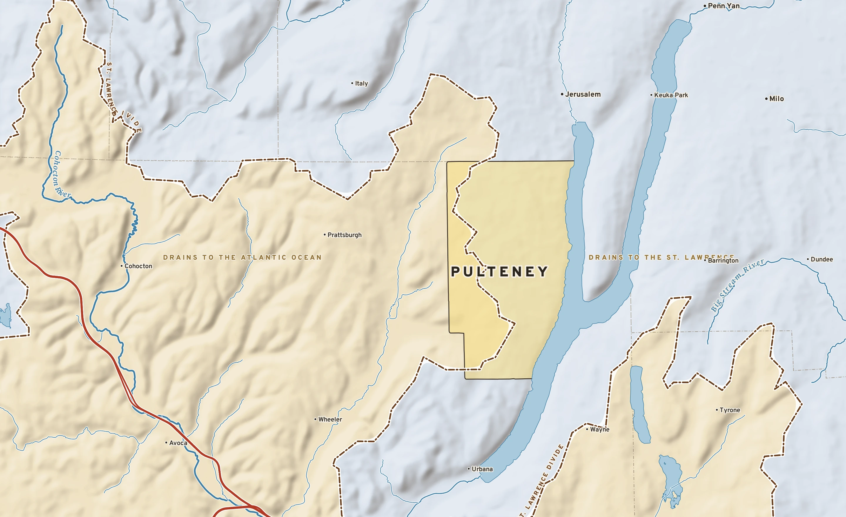 Shaded-relief atlas plate of Pulteney, New York: rivers, roads, the city limits and where the water drains.