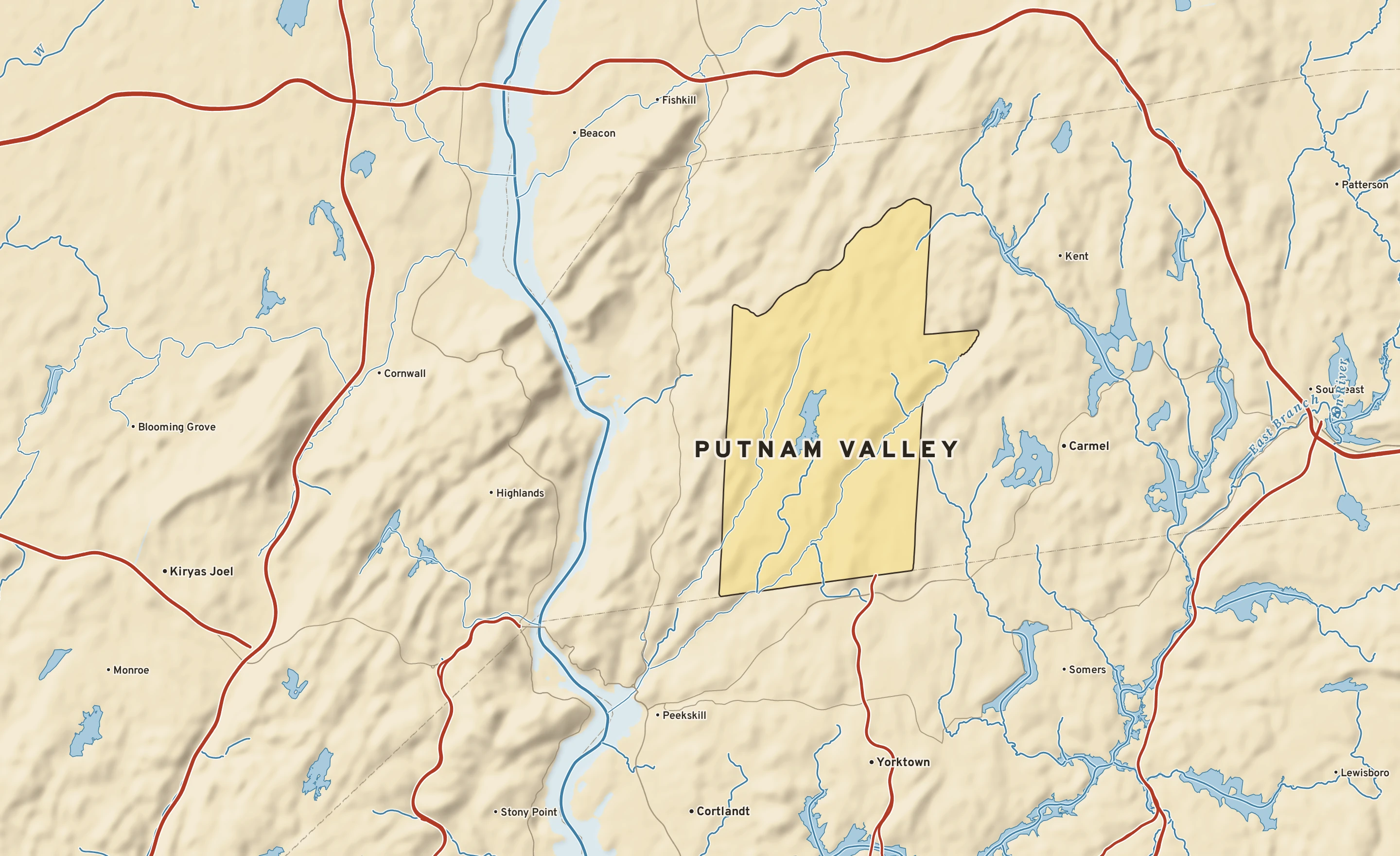 Shaded-relief atlas plate of Putnam Valley, New York: rivers, roads, the city limits and where the water drains.