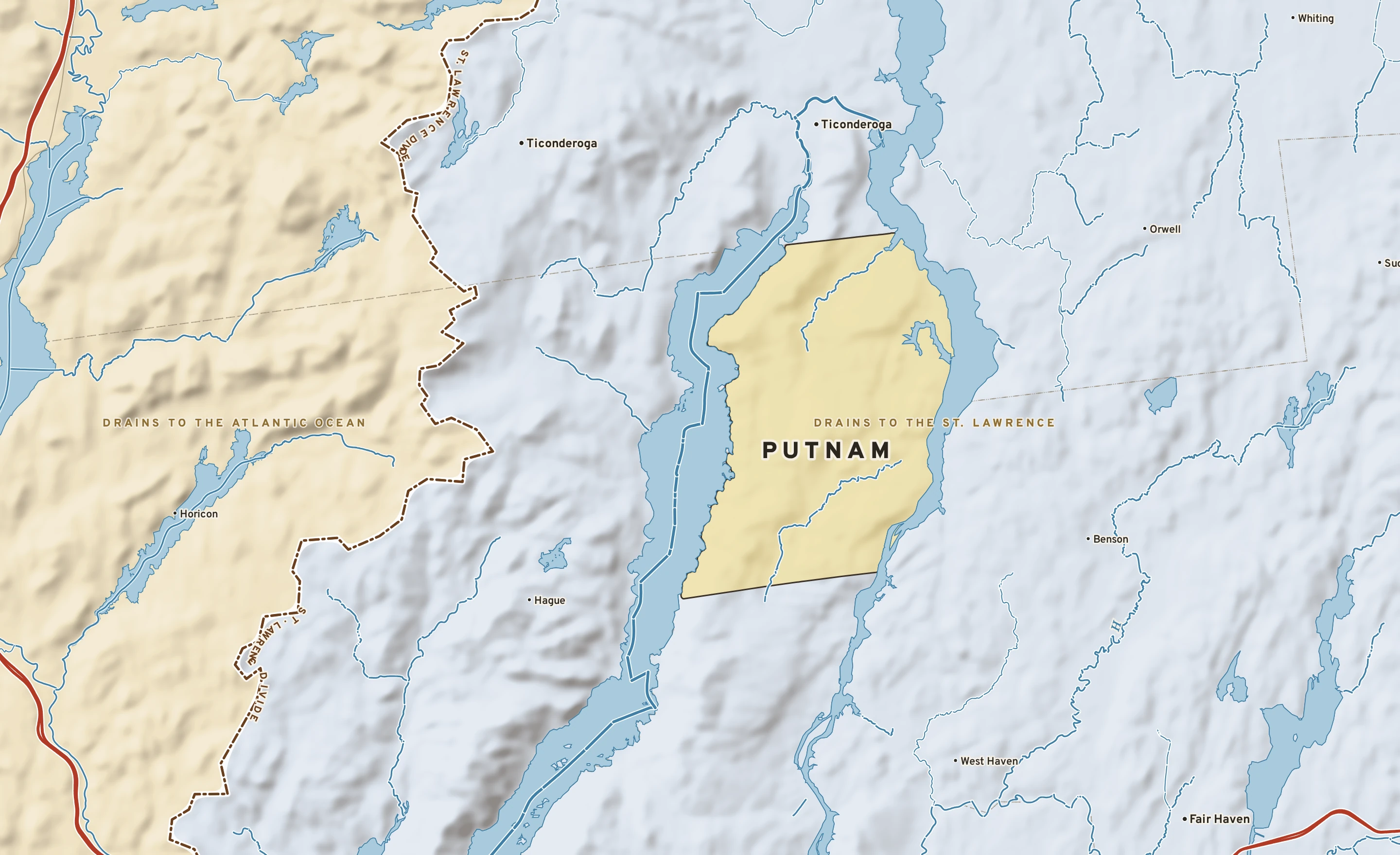 Shaded-relief atlas plate of Putnam, New York: rivers, roads, the city limits and where the water drains.