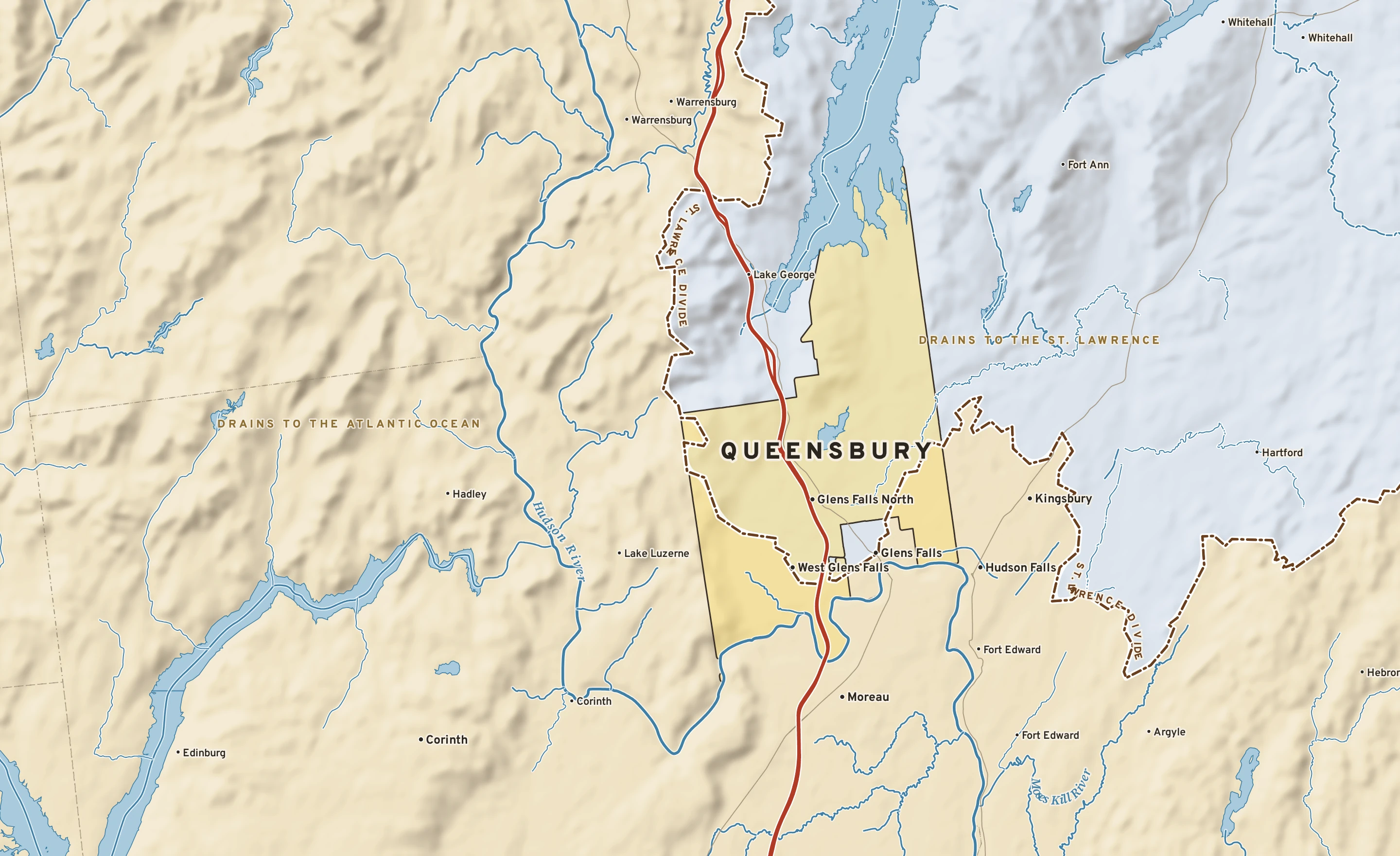 Shaded-relief atlas plate of Queensbury, New York: rivers, roads, the city limits and where the water drains.