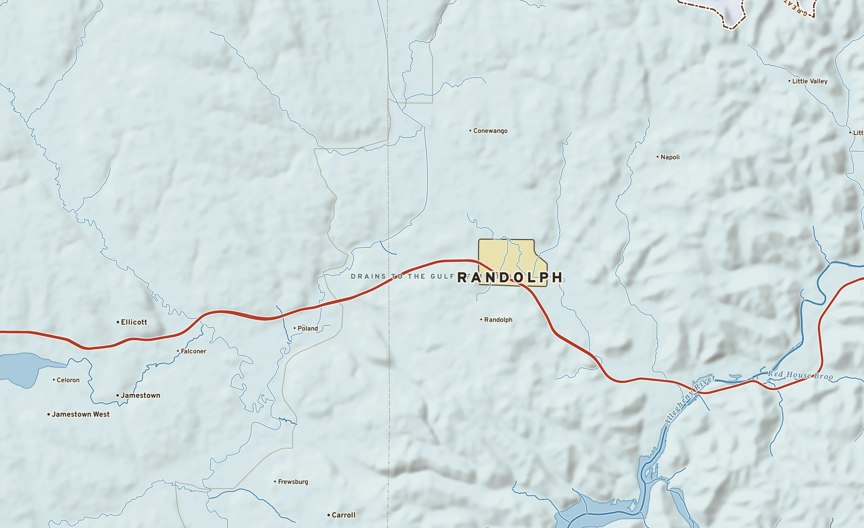 Shaded-relief atlas plate of Randolph, New York: rivers, roads, the city limits and where the water drains.
