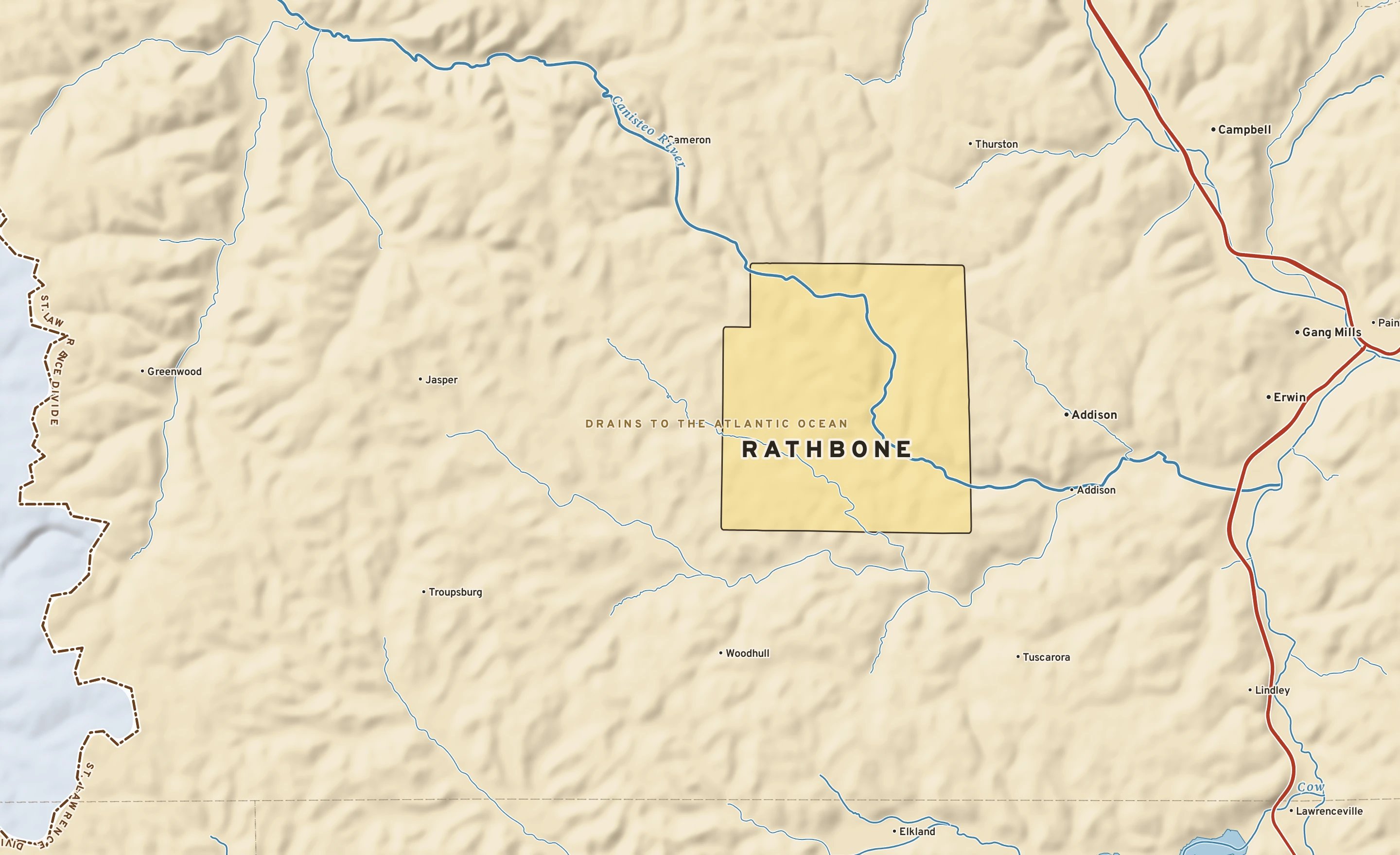 Shaded-relief atlas plate of Rathbone, New York: rivers, roads, the city limits and where the water drains.