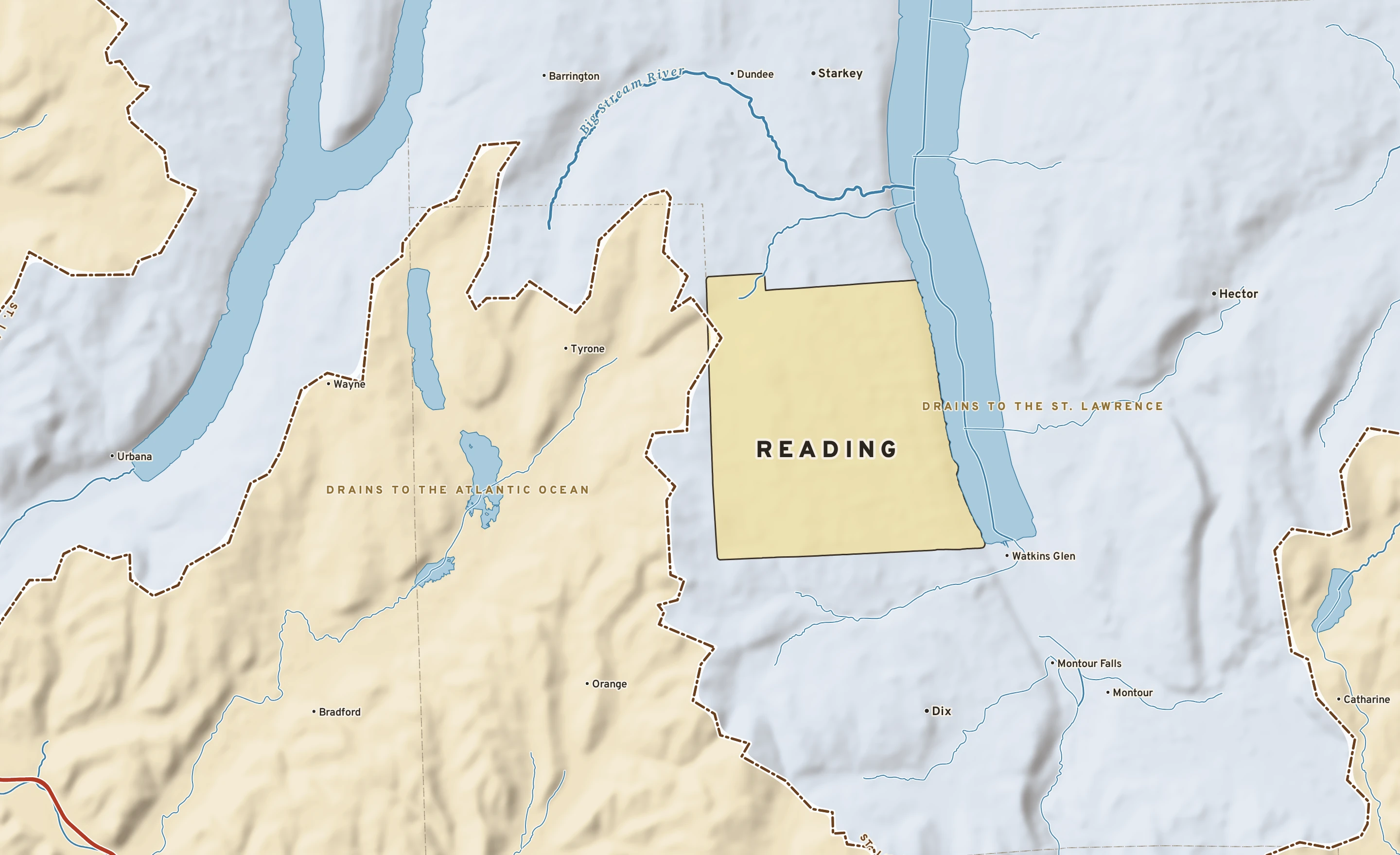 Shaded-relief atlas plate of Reading, New York: rivers, roads, the city limits and where the water drains.