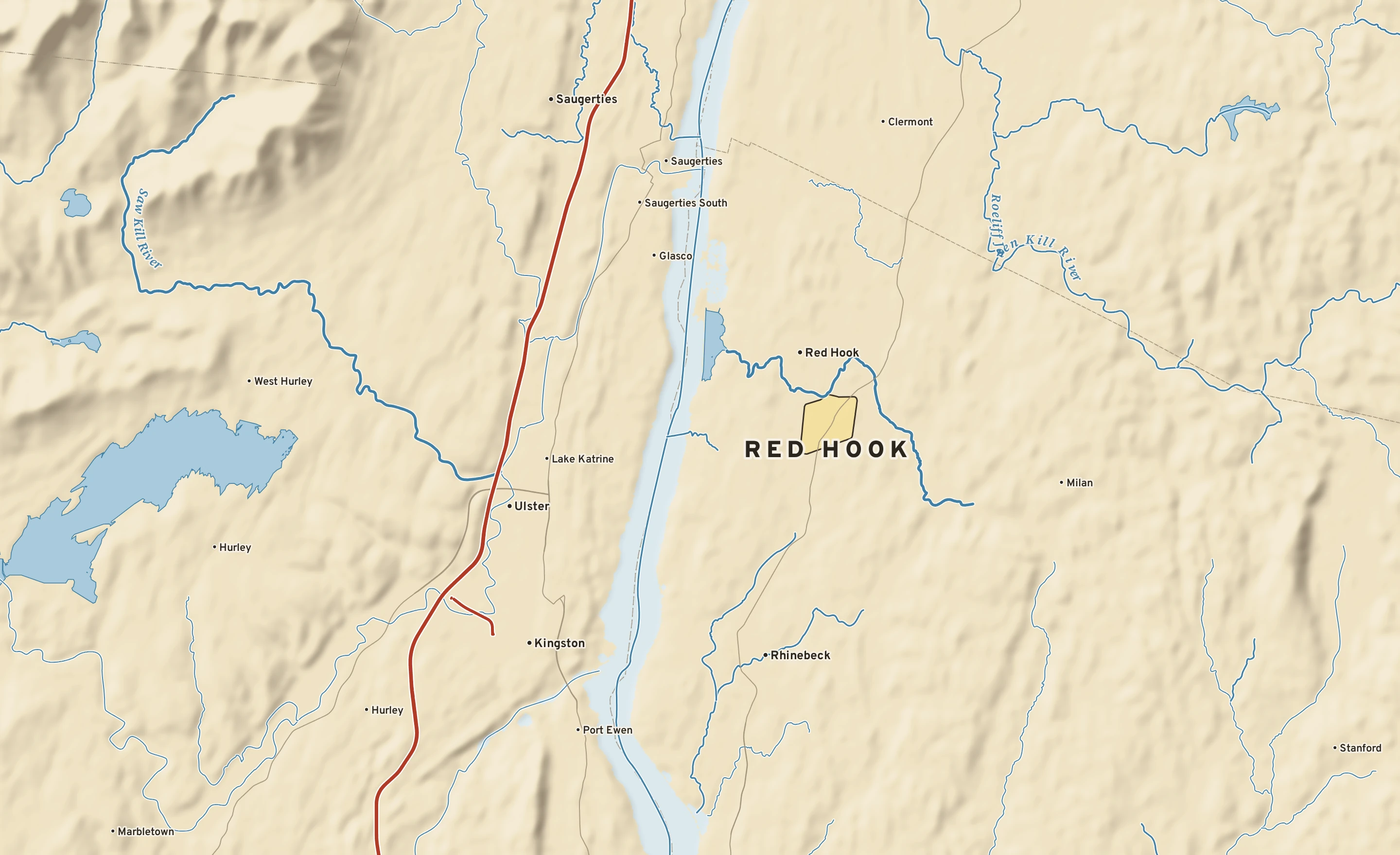 Shaded-relief atlas plate of Red Hook, New York: rivers, roads, the city limits and where the water drains.