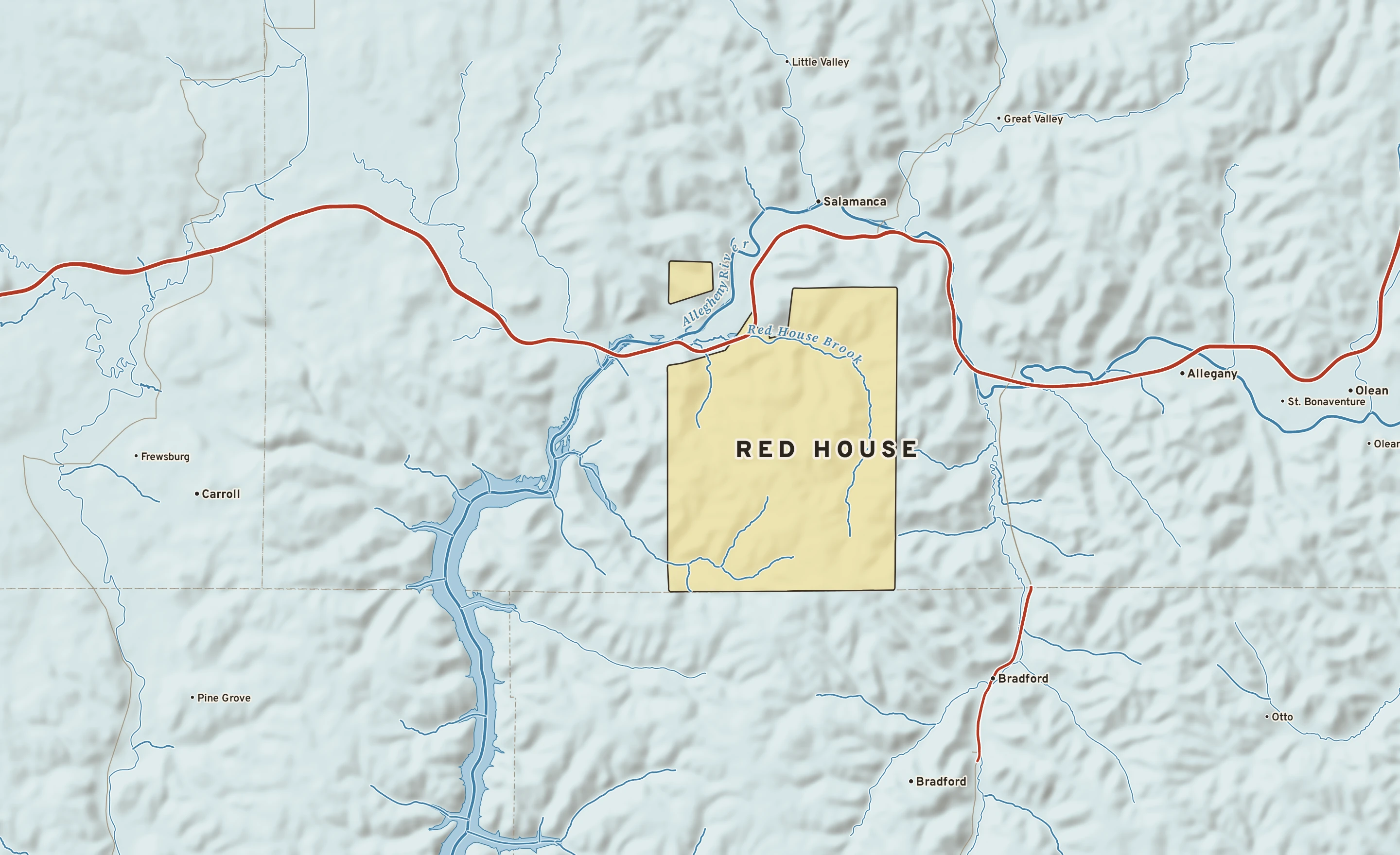Shaded-relief atlas plate of Red House, New York: rivers, roads, the city limits and where the water drains.