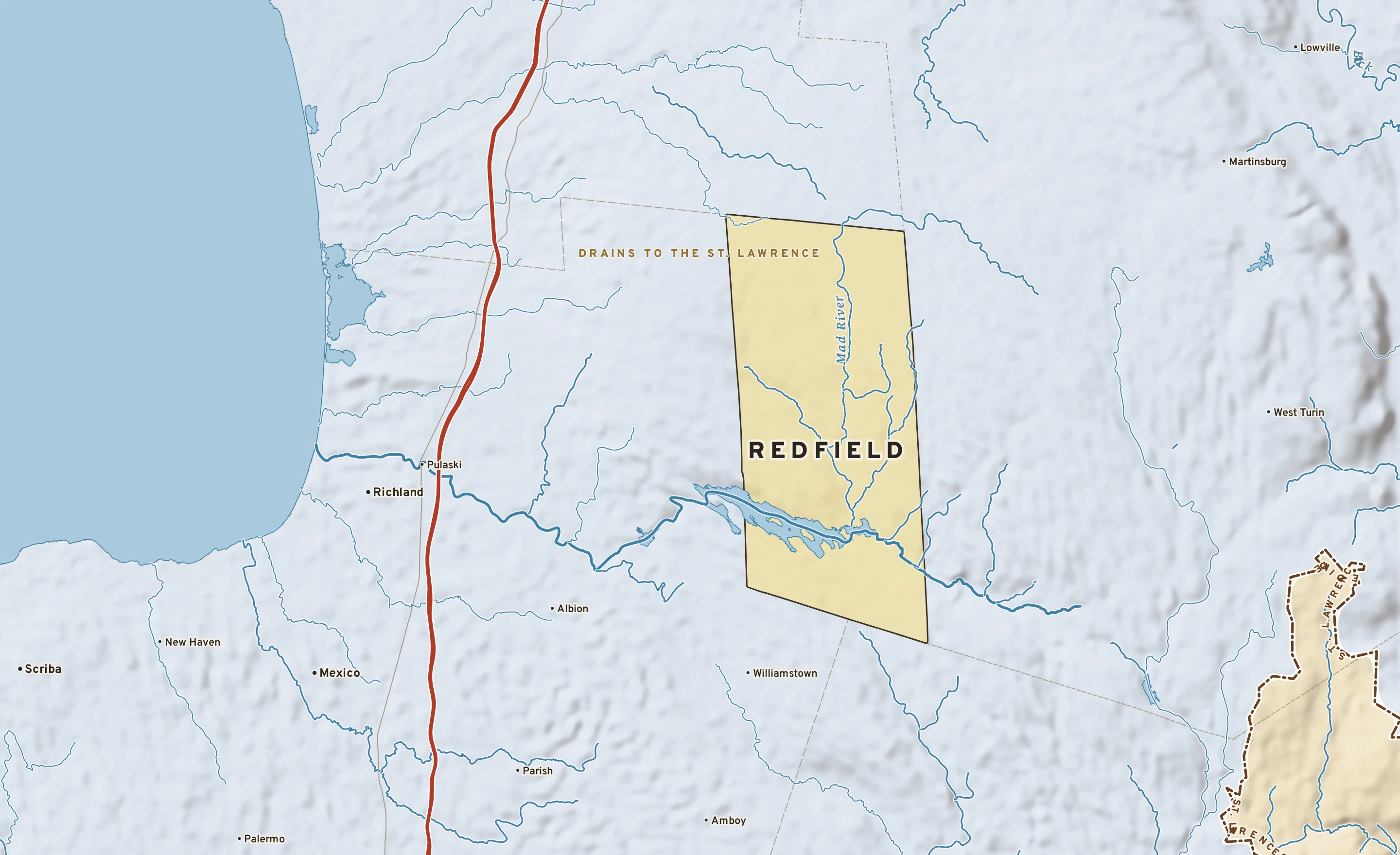 Shaded-relief atlas plate of Redfield, New York: rivers, roads, the city limits and where the water drains.
