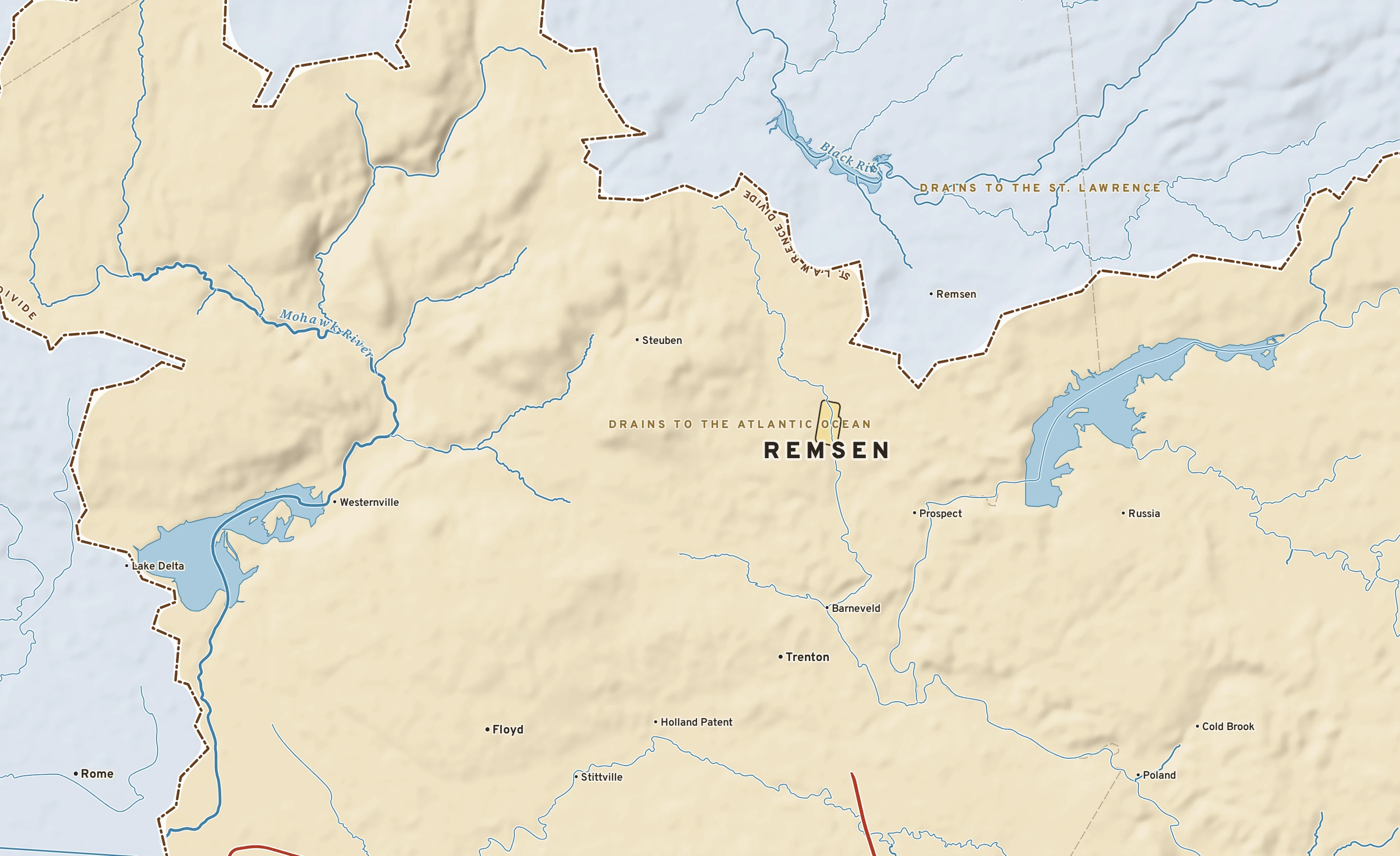 Shaded-relief atlas plate of Remsen, New York: rivers, roads, the city limits and where the water drains.