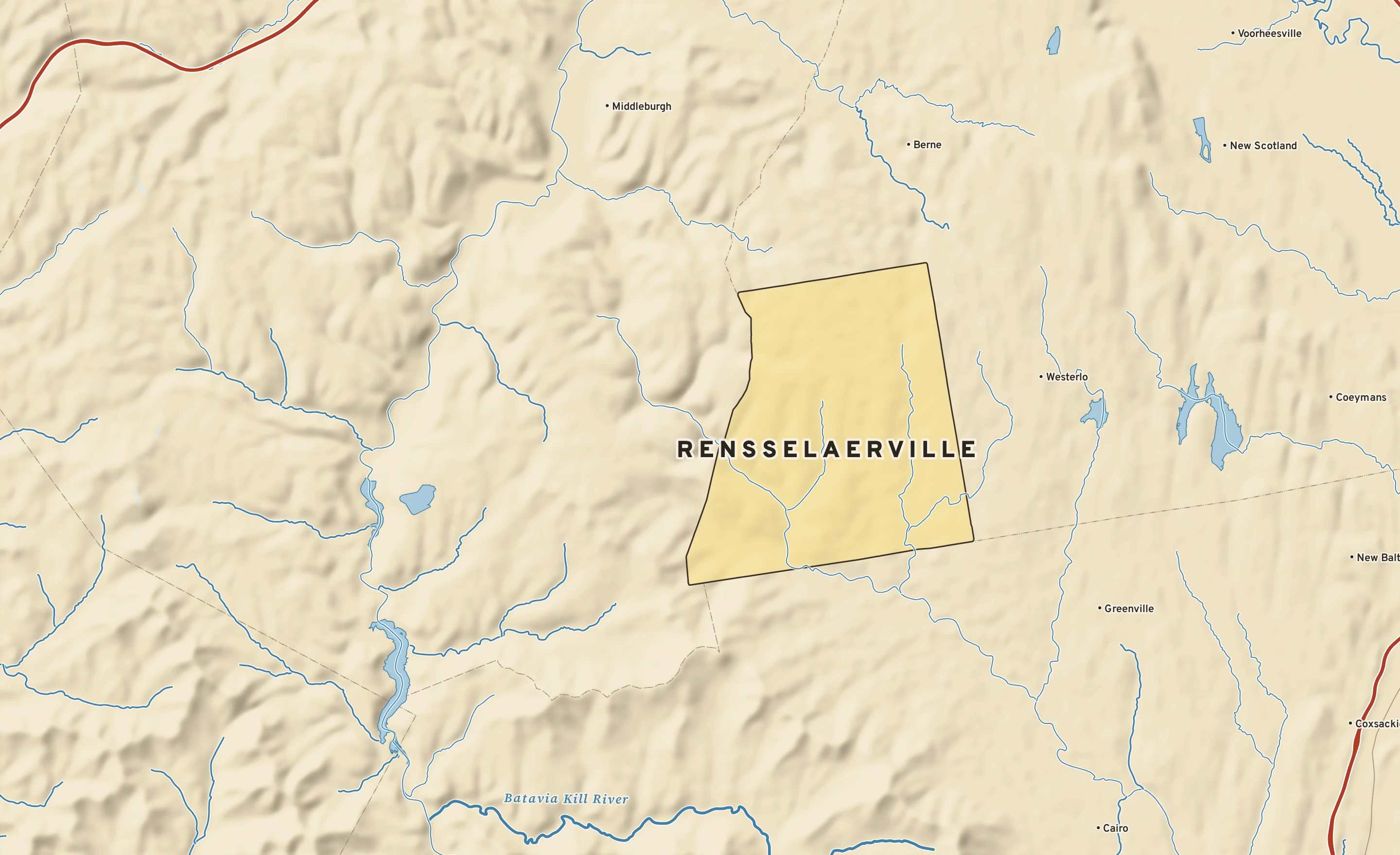 Shaded-relief atlas plate of Rensselaerville, New York: rivers, roads, the city limits and where the water drains.