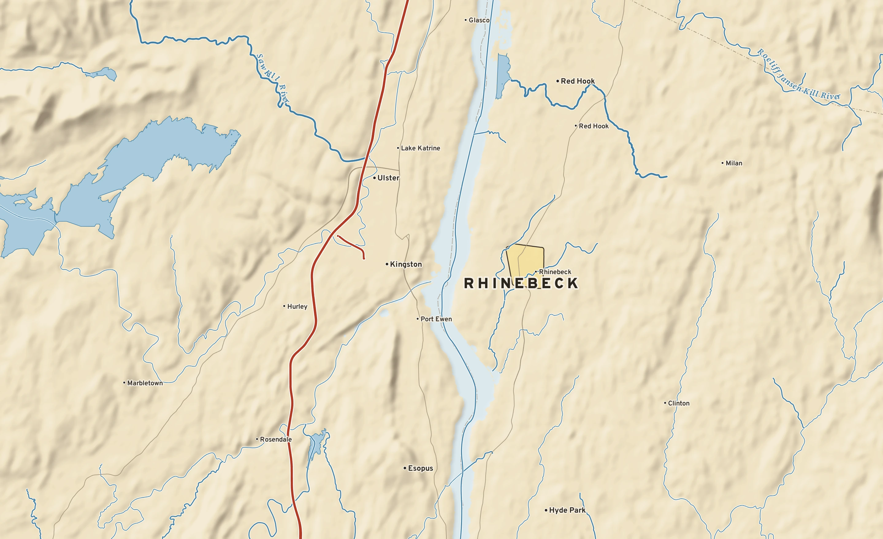 Shaded-relief atlas plate of Rhinebeck, New York: rivers, roads, the city limits and where the water drains.