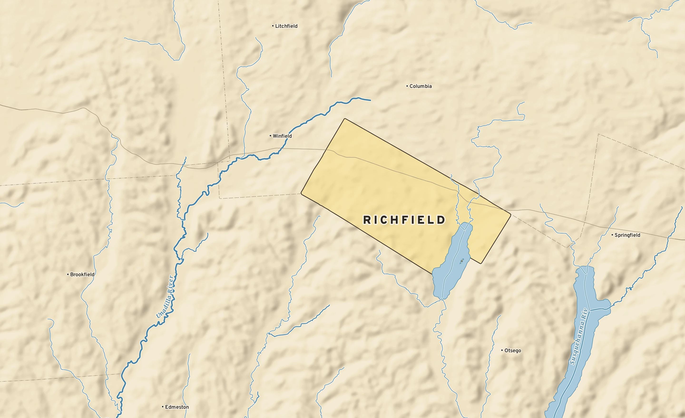 Shaded-relief atlas plate of Richfield, New York: rivers, roads, the city limits and where the water drains.