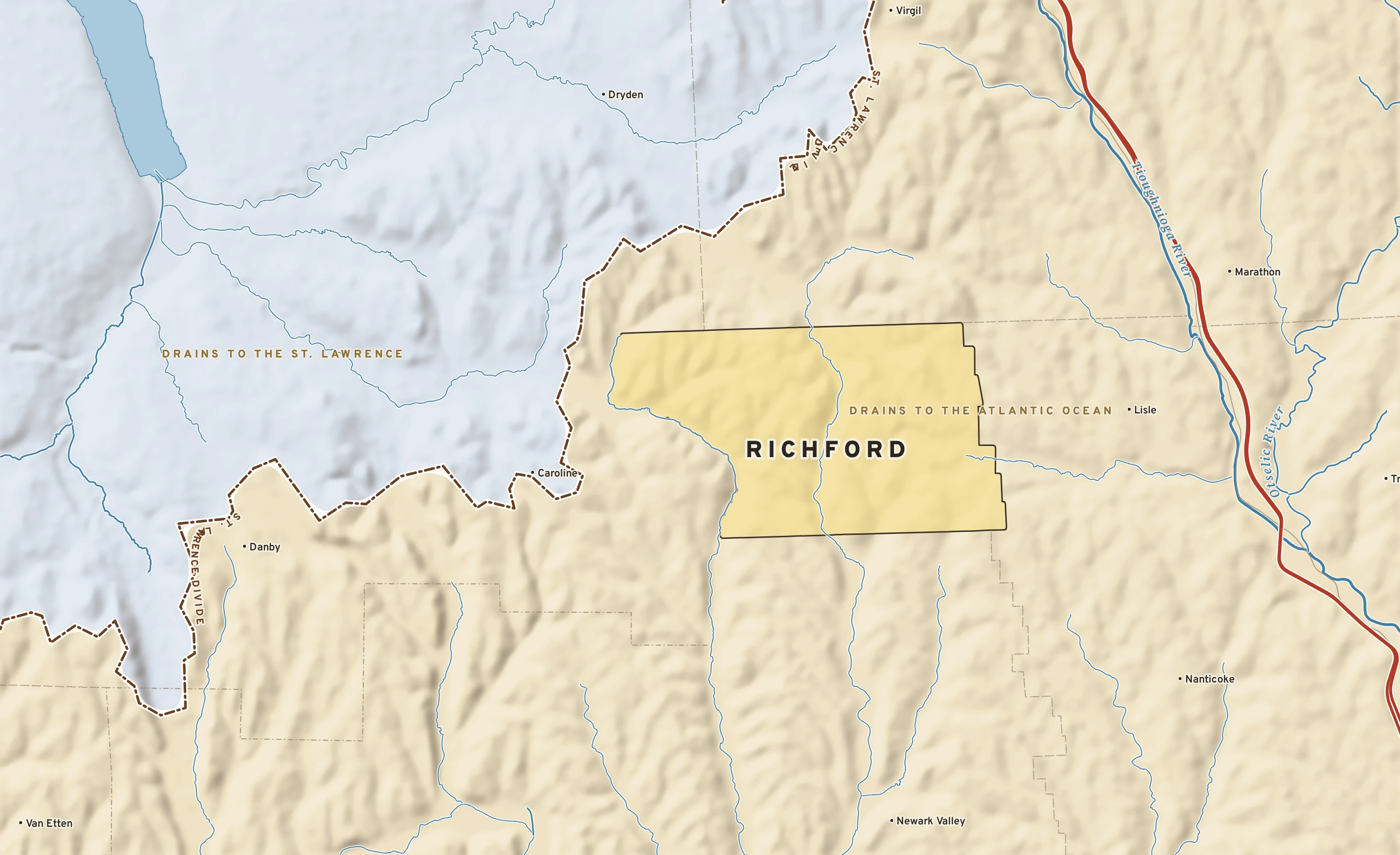 Shaded-relief atlas plate of Richford, New York: rivers, roads, the city limits and where the water drains.