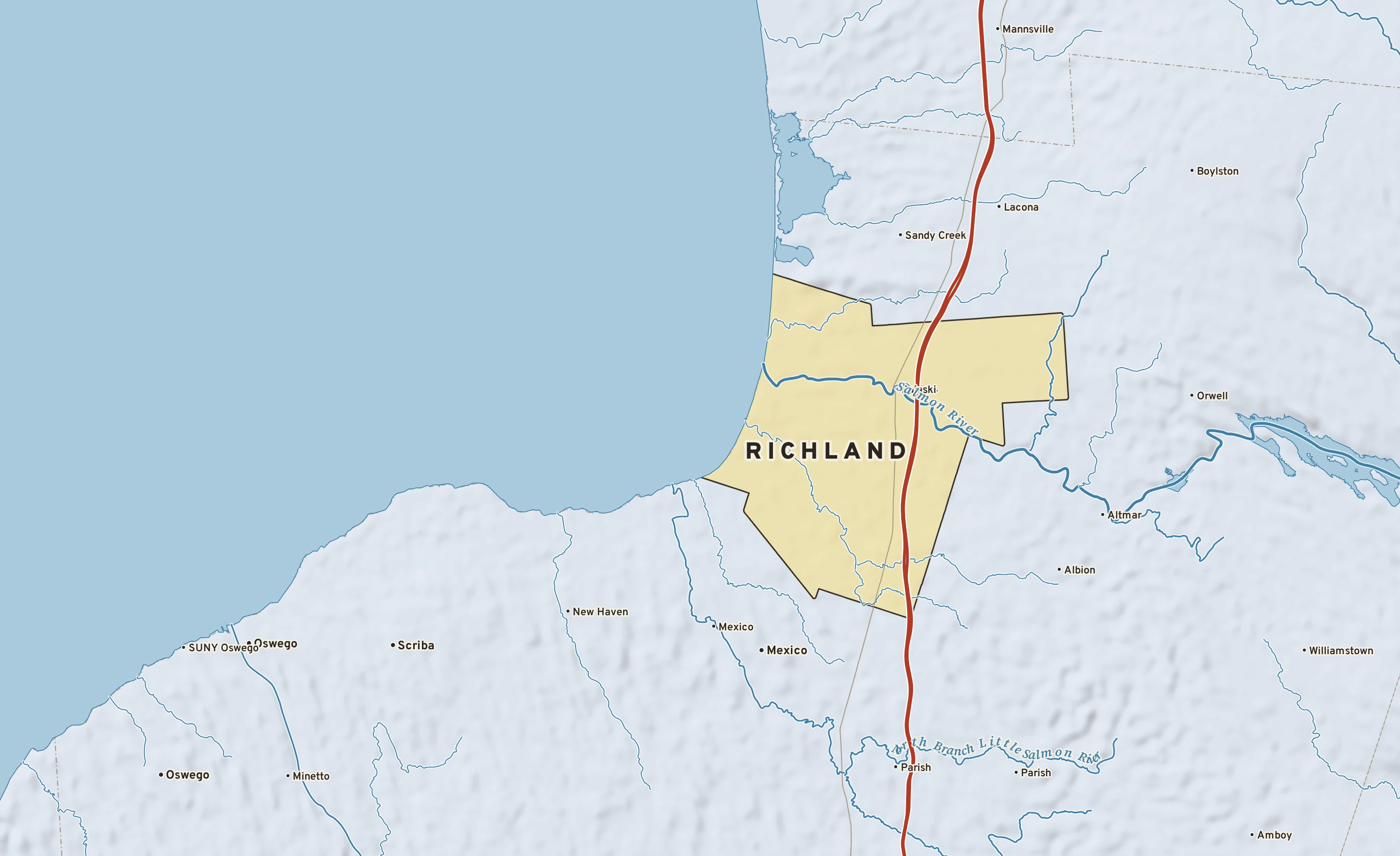 Shaded-relief atlas plate of Richland, New York: rivers, roads, the city limits and where the water drains.