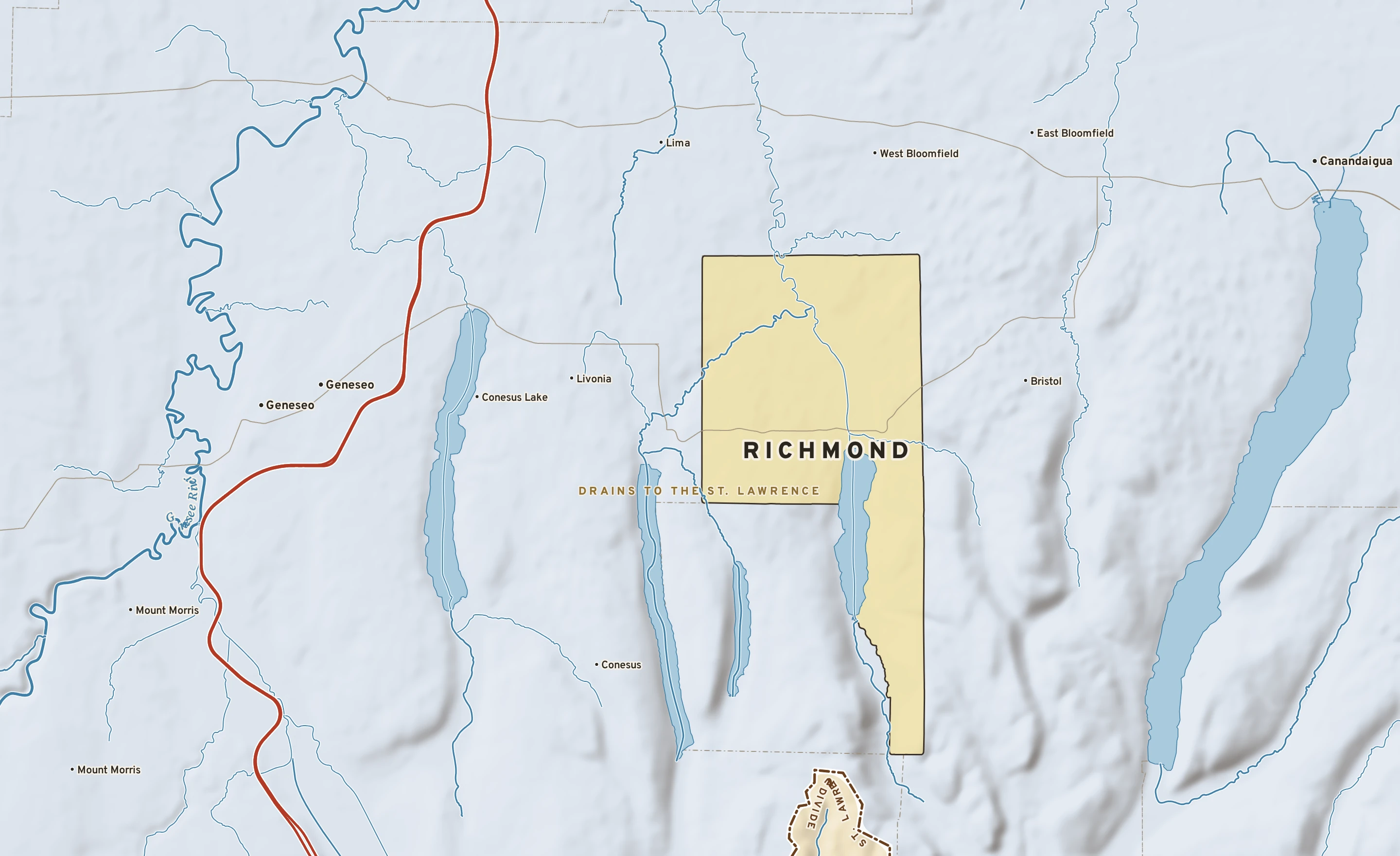 Shaded-relief atlas plate of Richmond, New York: rivers, roads, the city limits and where the water drains.