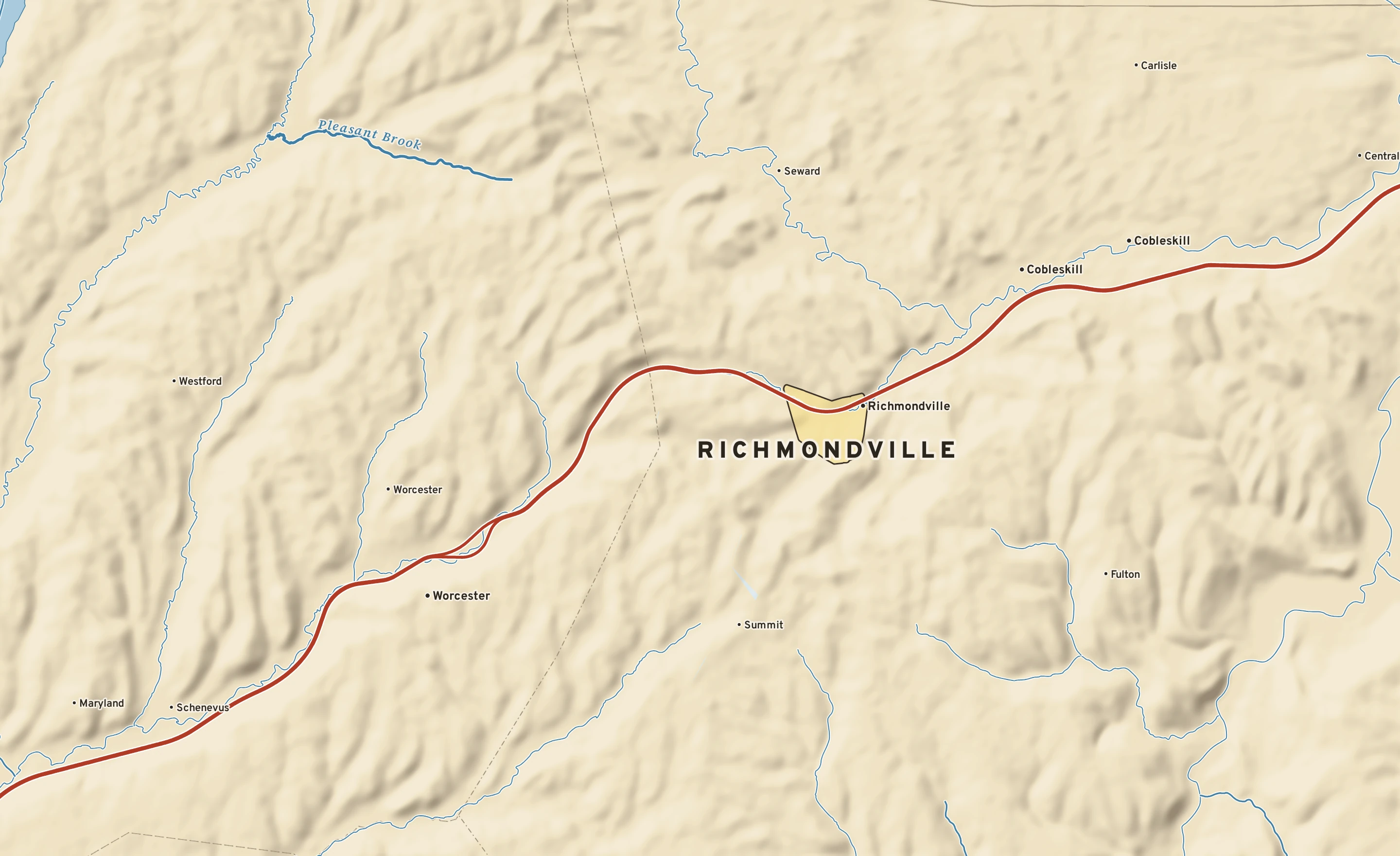 Shaded-relief atlas plate of Richmondville, New York: rivers, roads, the city limits and where the water drains.