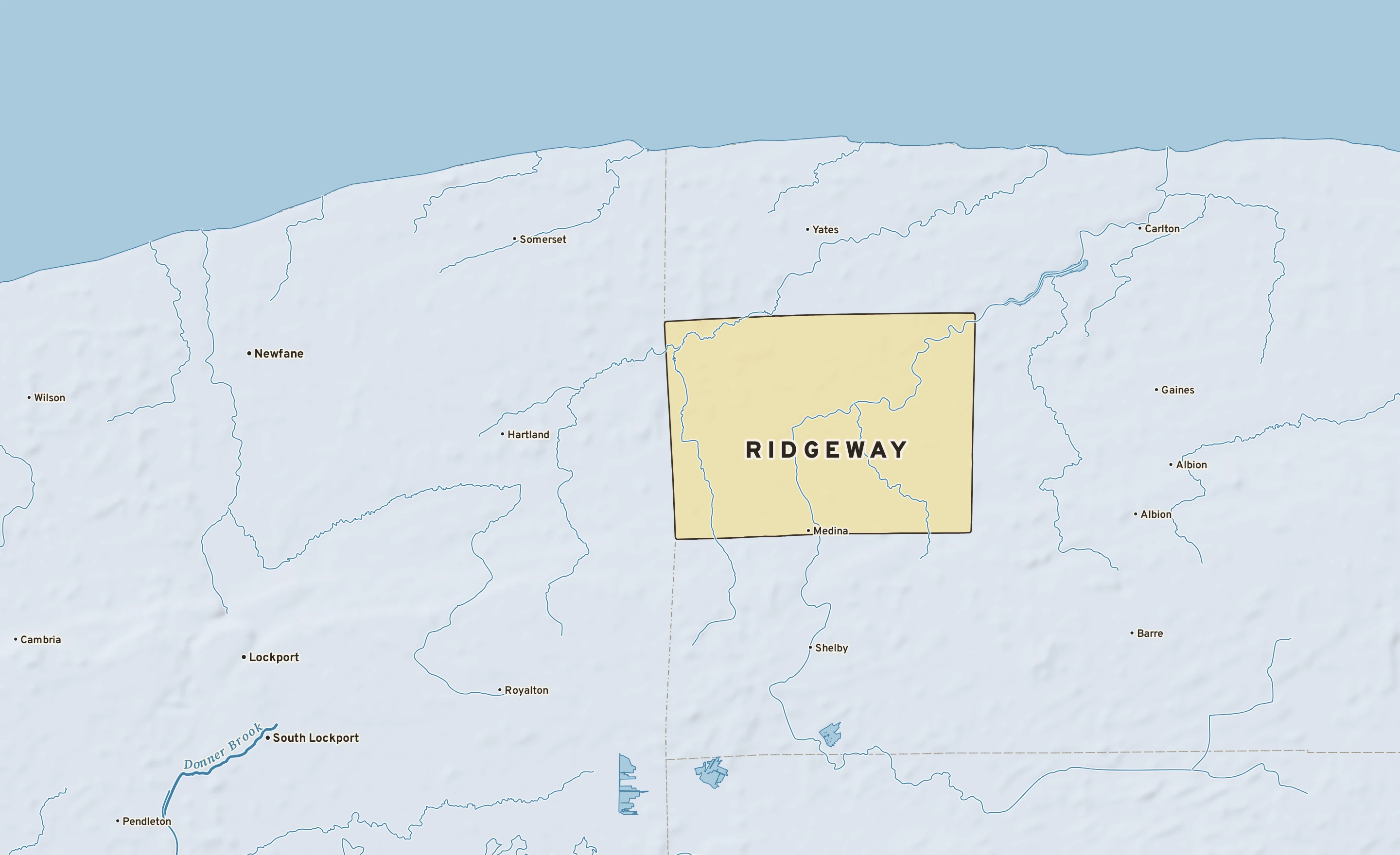 Shaded-relief atlas plate of Ridgeway, New York: rivers, roads, the city limits and where the water drains.