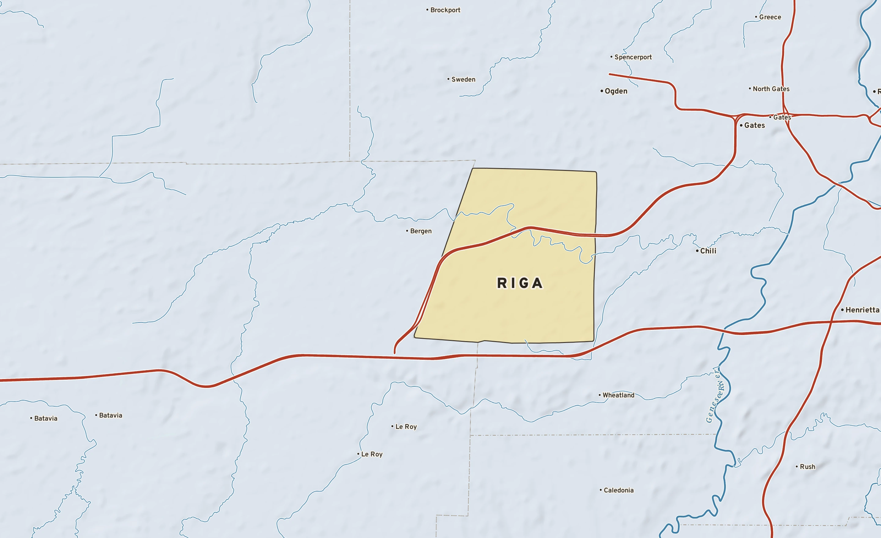 Shaded-relief atlas plate of Riga, New York: rivers, roads, the city limits and where the water drains.