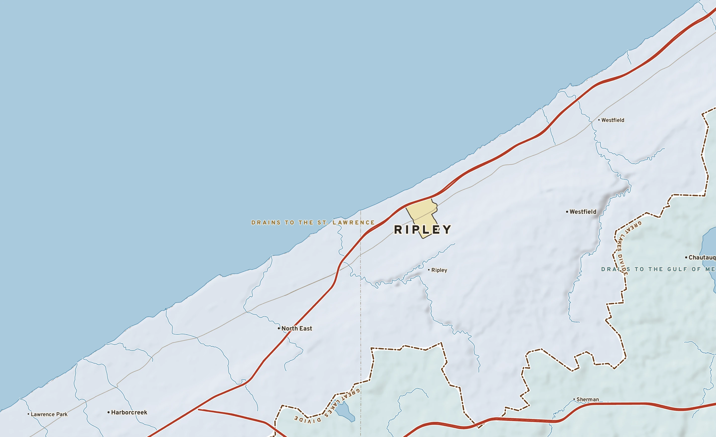 Shaded-relief atlas plate of Ripley, New York: rivers, roads, the city limits and where the water drains.