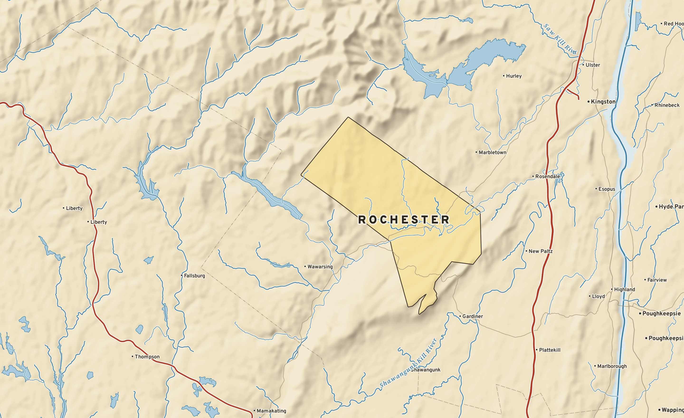 Shaded-relief atlas plate of Rochester, New York: rivers, roads, the city limits and where the water drains.