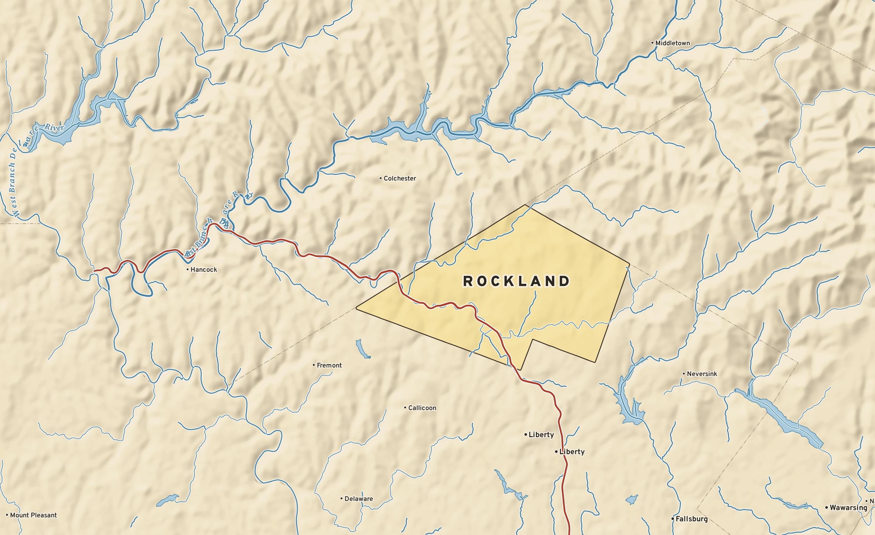 Shaded-relief atlas plate of Rockland, New York: rivers, roads, the city limits and where the water drains.