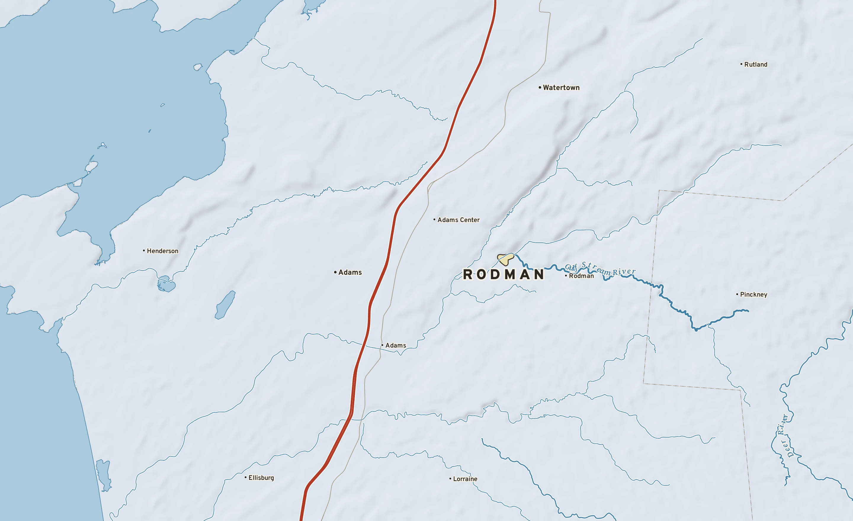 Shaded-relief atlas plate of Rodman, New York: rivers, roads, the city limits and where the water drains.