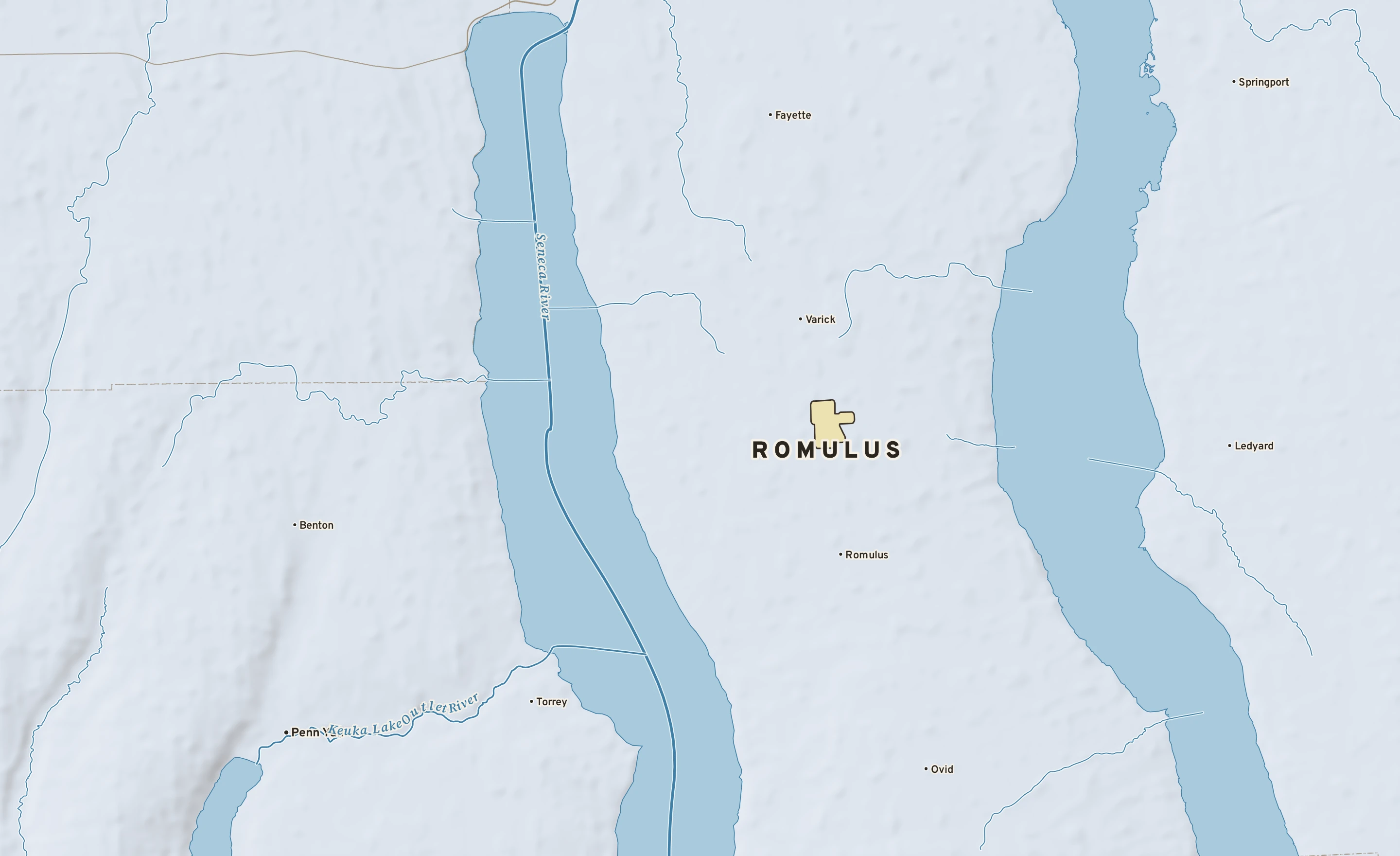 Shaded-relief atlas plate of Romulus, New York: rivers, roads, the city limits and where the water drains.