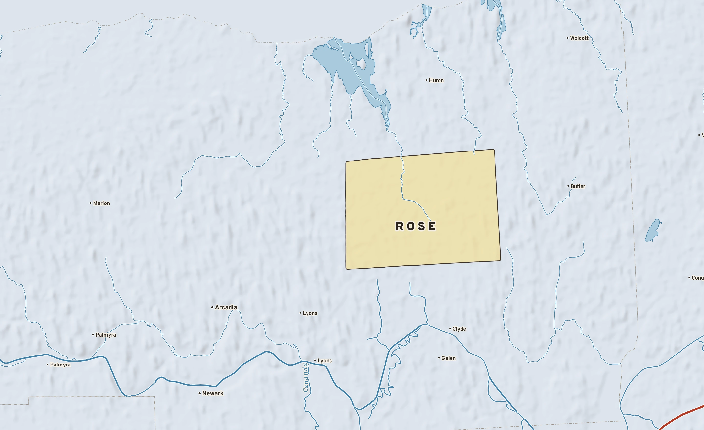 Shaded-relief atlas plate of Rose, New York: rivers, roads, the city limits and where the water drains.