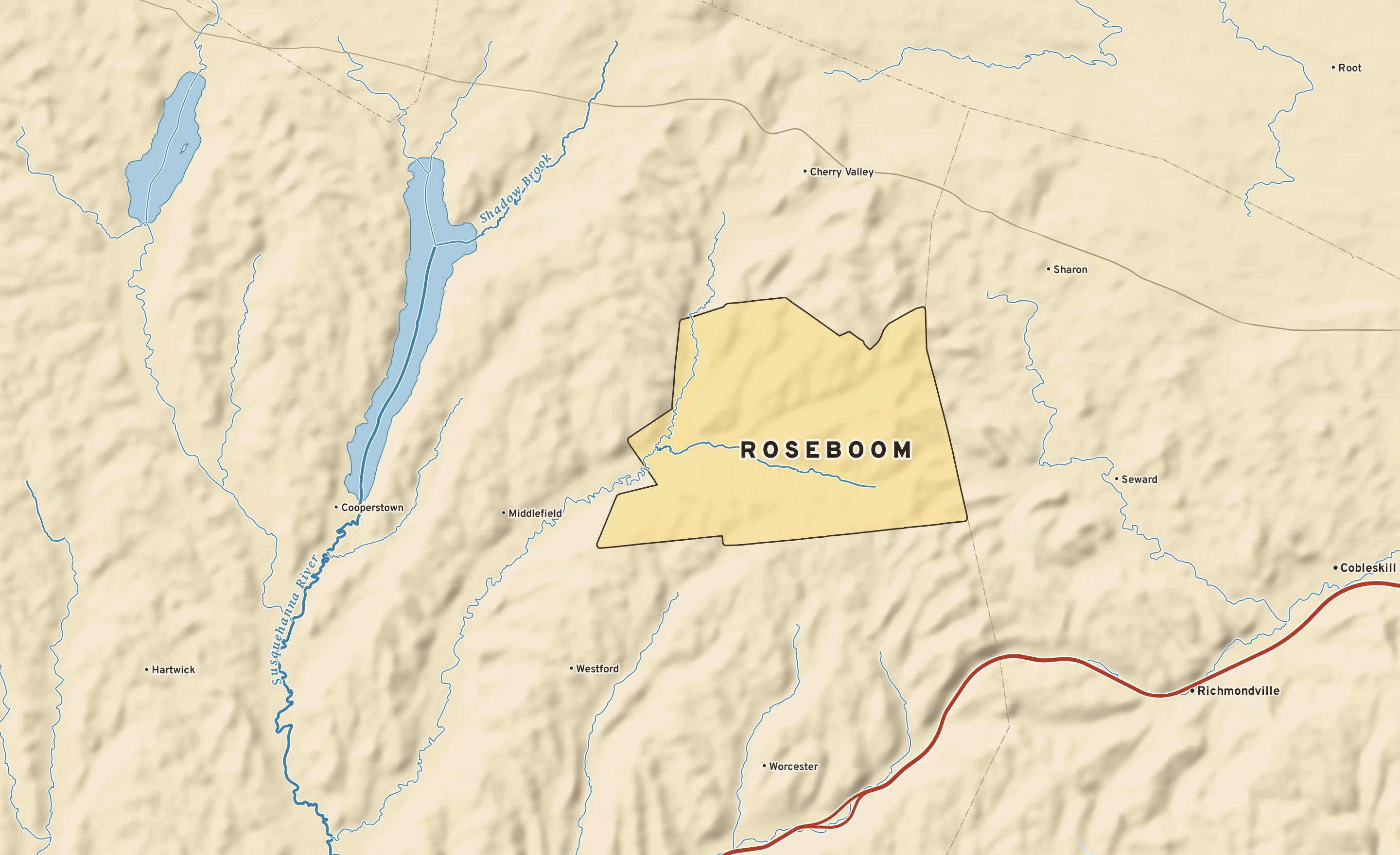 Shaded-relief atlas plate of Roseboom, New York: rivers, roads, the city limits and where the water drains.
