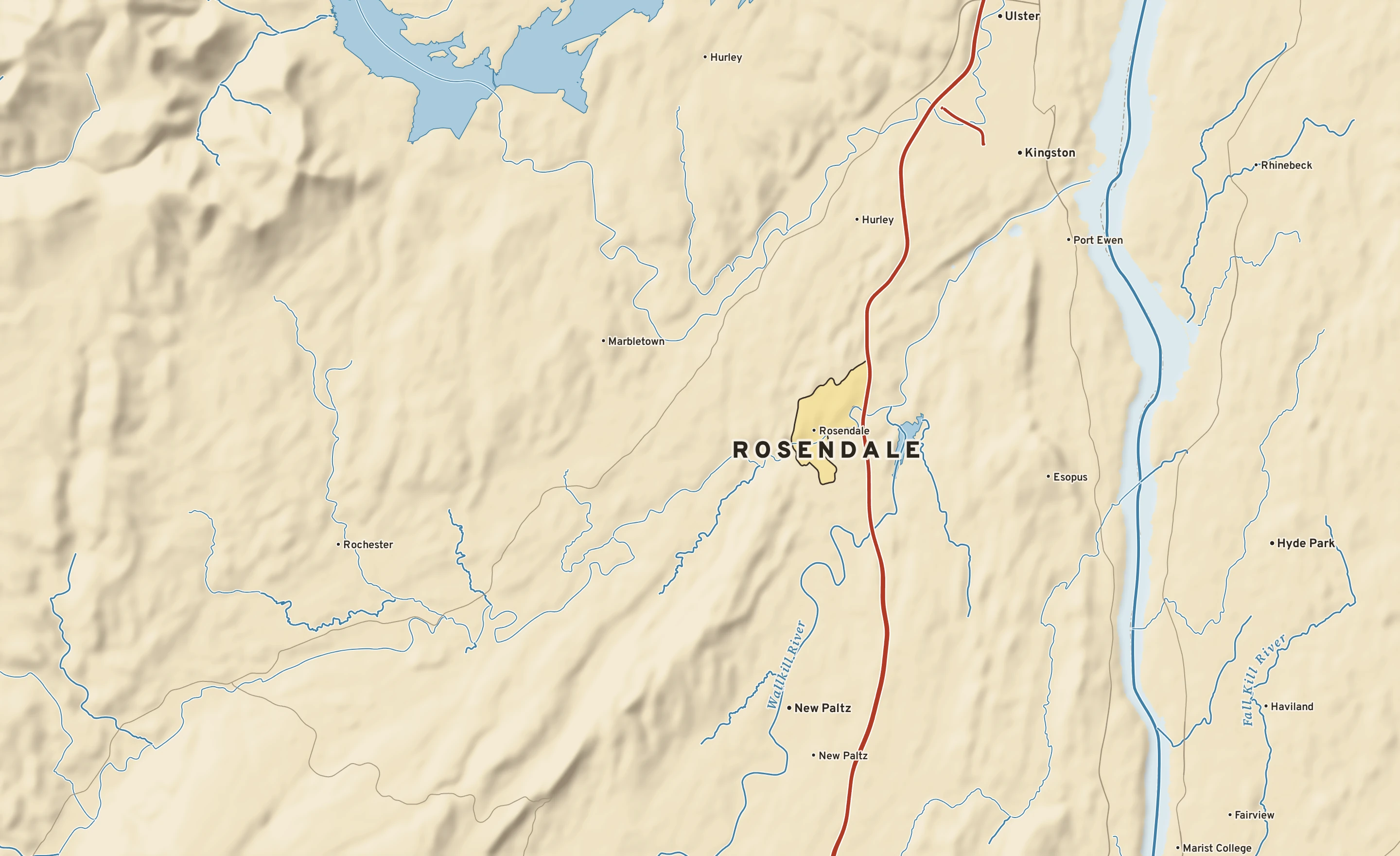 Shaded-relief atlas plate of Rosendale, New York: rivers, roads, the city limits and where the water drains.