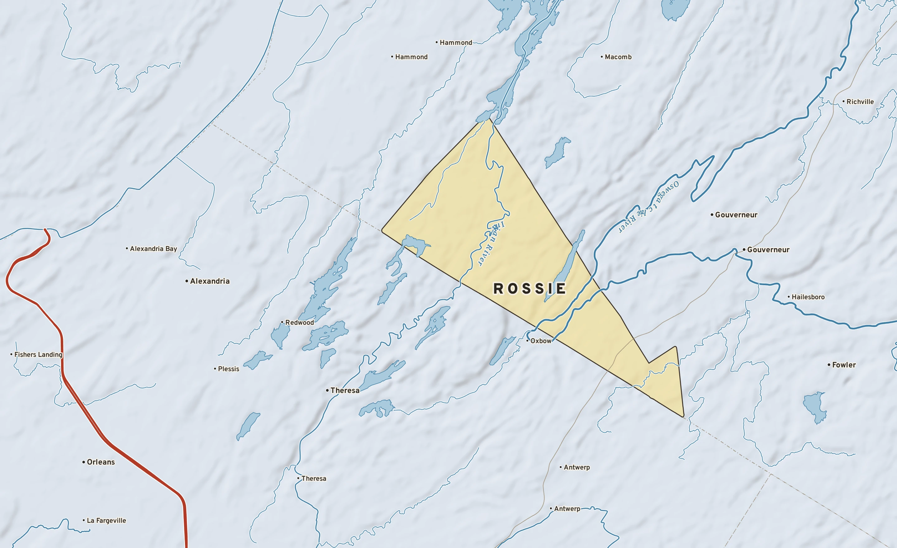 Shaded-relief atlas plate of Rossie, New York: rivers, roads, the city limits and where the water drains.