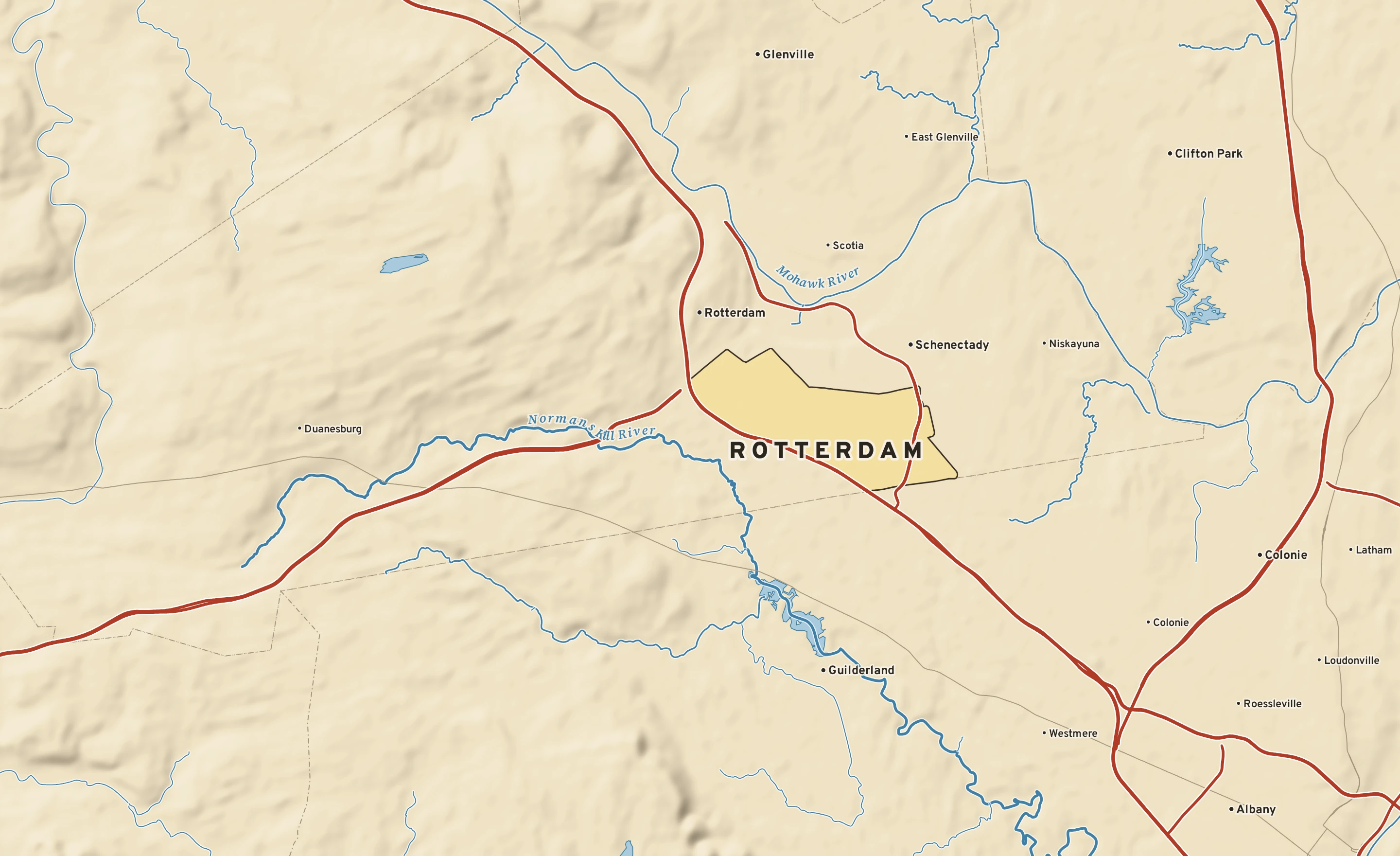 Shaded-relief atlas plate of Rotterdam, New York: rivers, roads, the city limits and where the water drains.