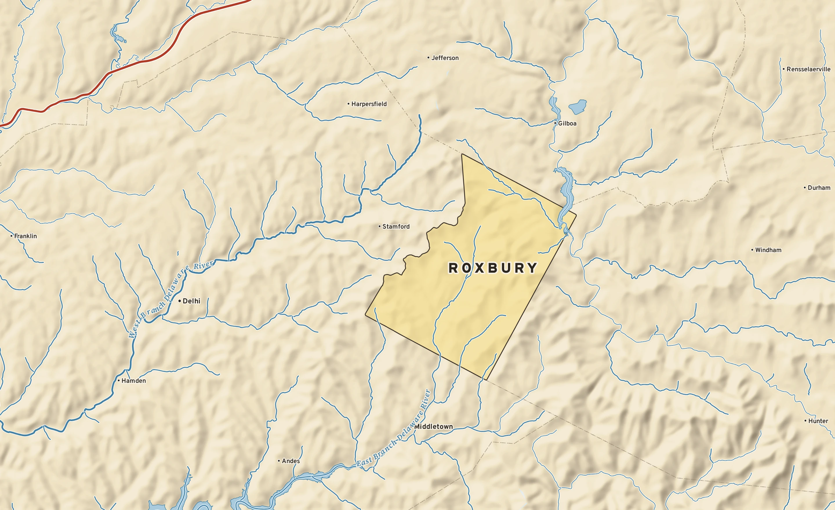 Shaded-relief atlas plate of Roxbury, New York: rivers, roads, the city limits and where the water drains.