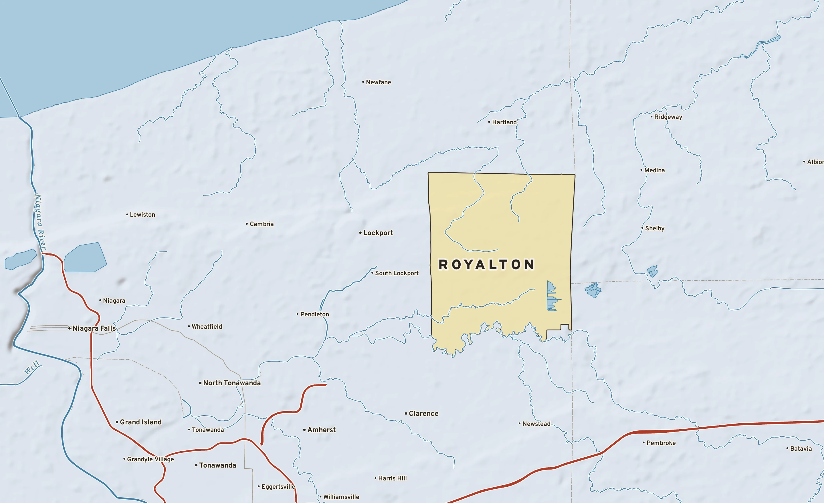 Shaded-relief atlas plate of Royalton, New York: rivers, roads, the city limits and where the water drains.