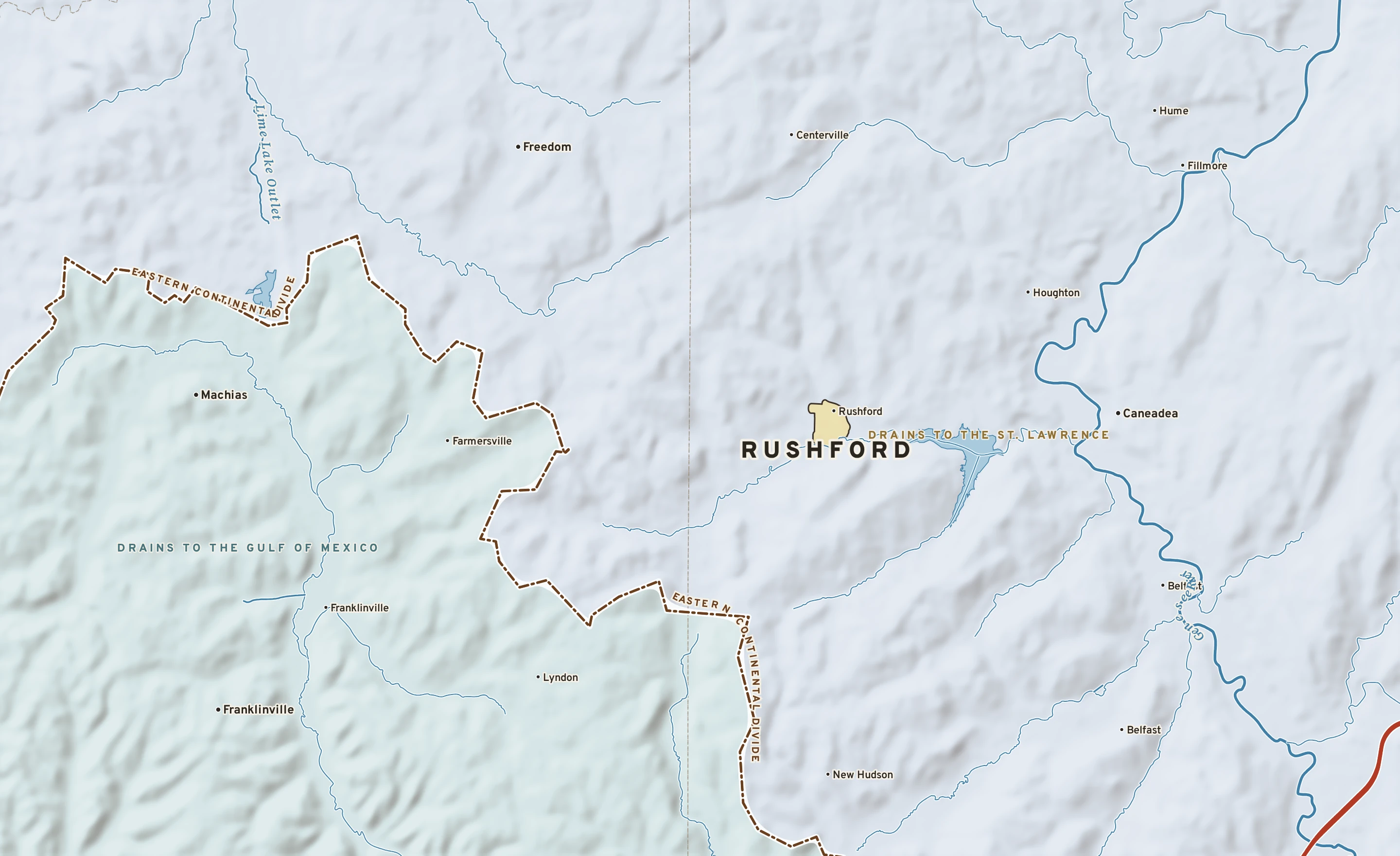 Shaded-relief atlas plate of Rushford, New York: rivers, roads, the city limits and where the water drains.