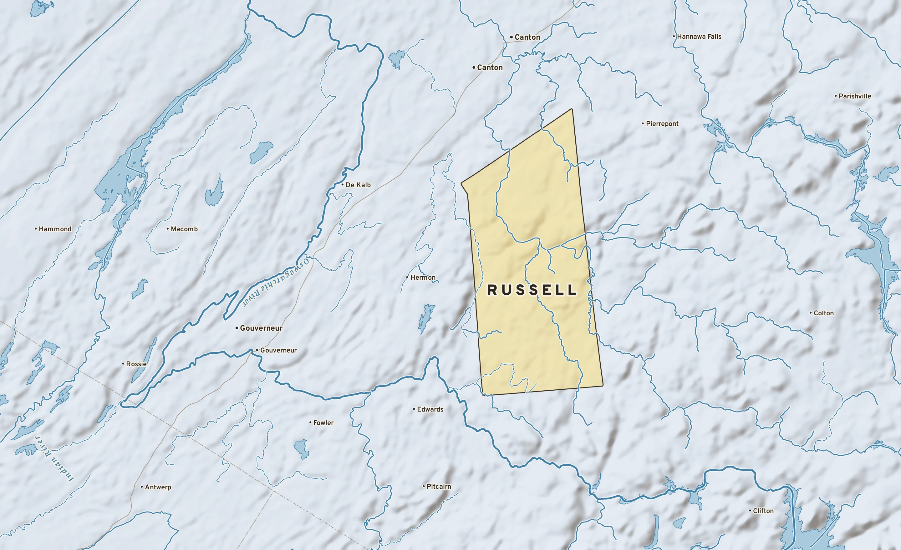 Shaded-relief atlas plate of Russell, New York: rivers, roads, the city limits and where the water drains.