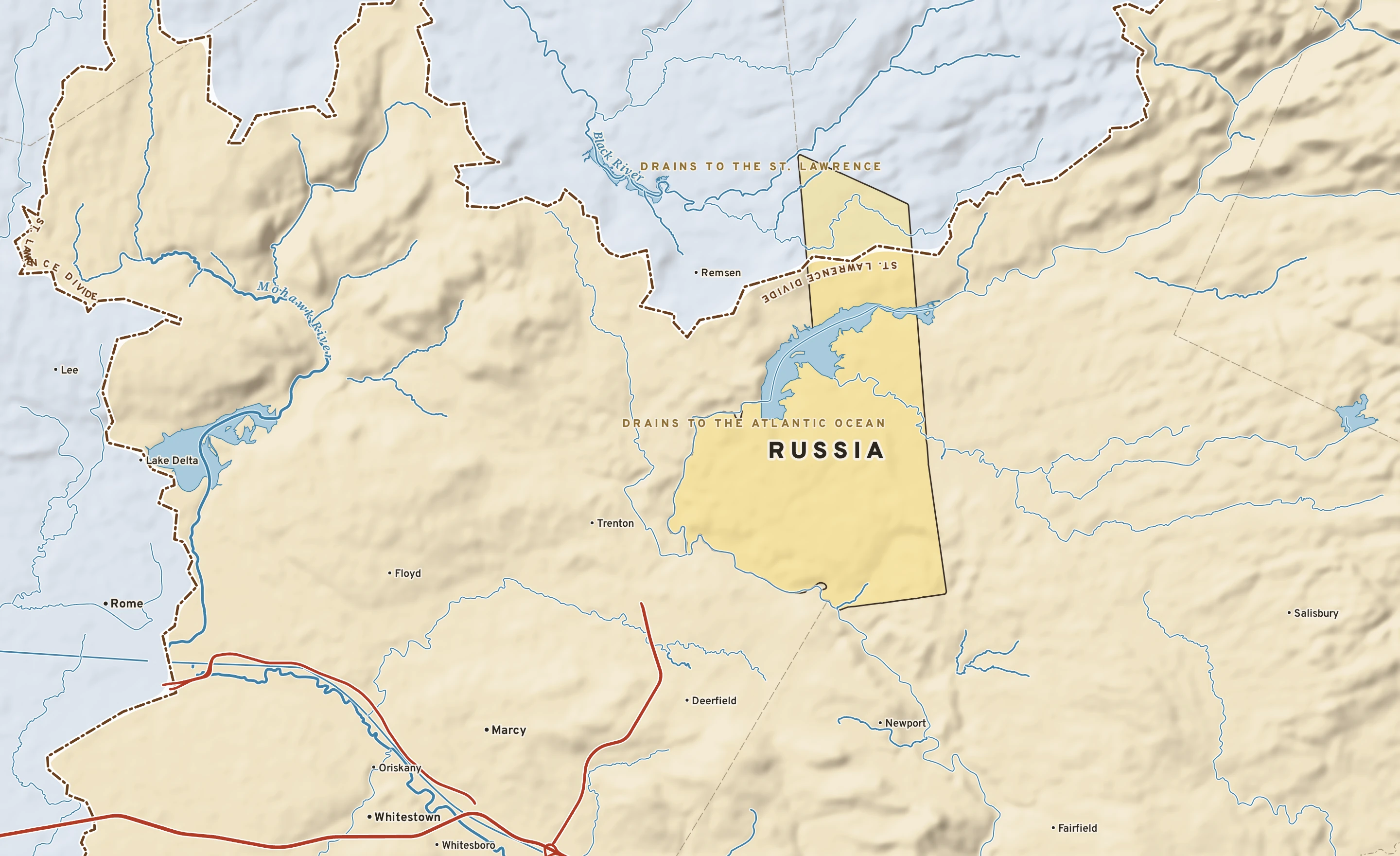 Shaded-relief atlas plate of Russia, New York: rivers, roads, the city limits and where the water drains.