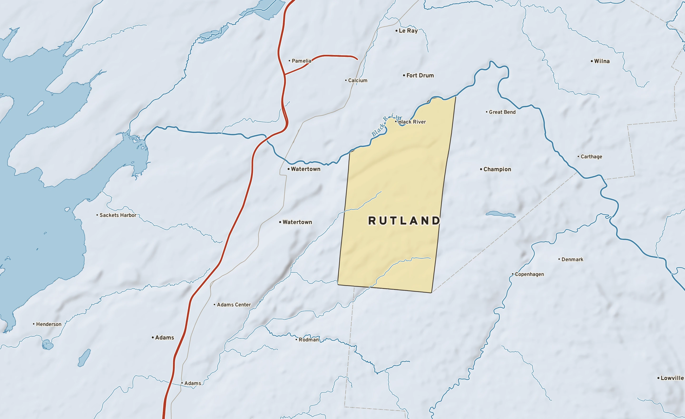 Shaded-relief atlas plate of Rutland, New York: rivers, roads, the city limits and where the water drains.