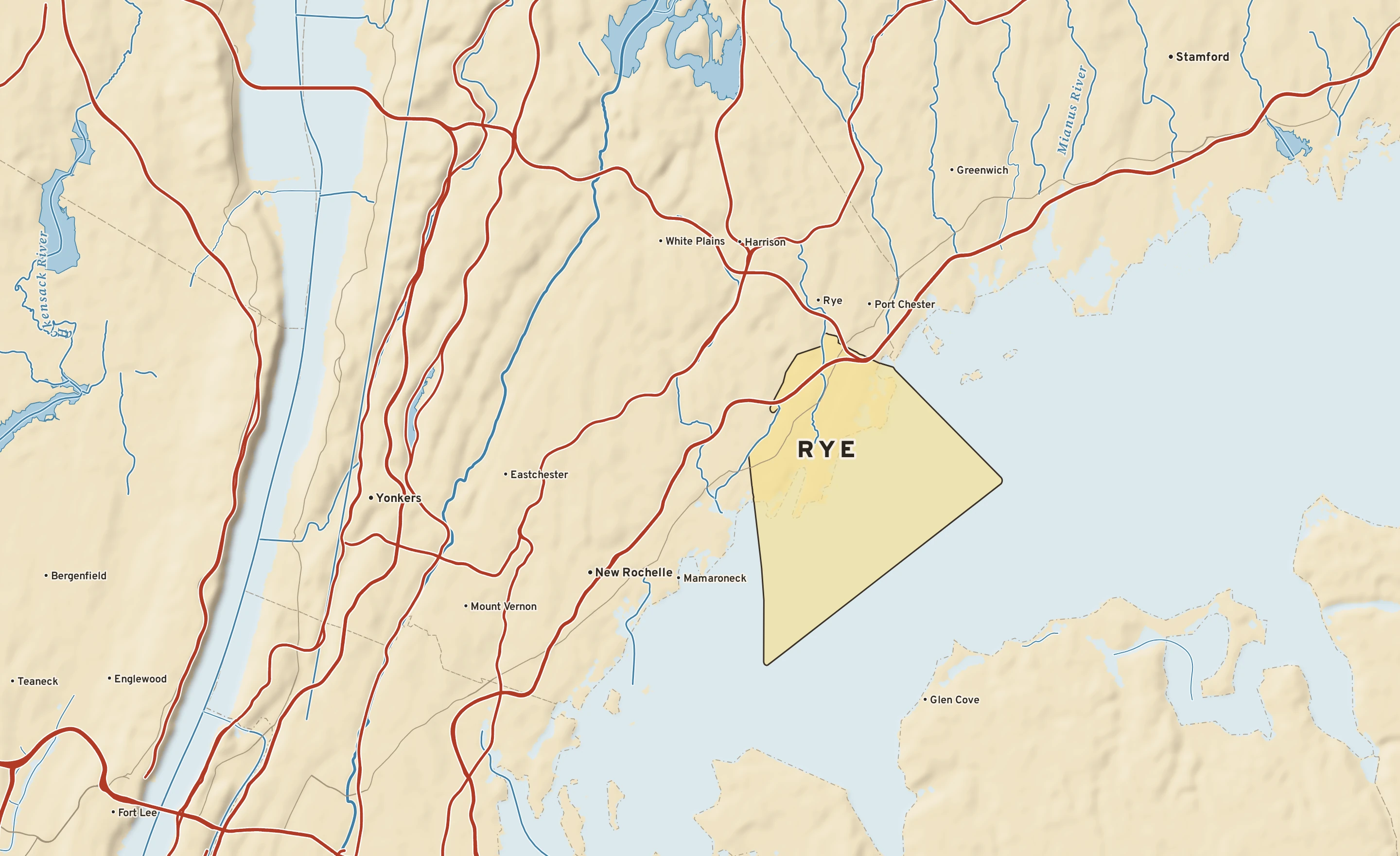 Shaded-relief atlas plate of Rye, New York: rivers, roads, the city limits and where the water drains.