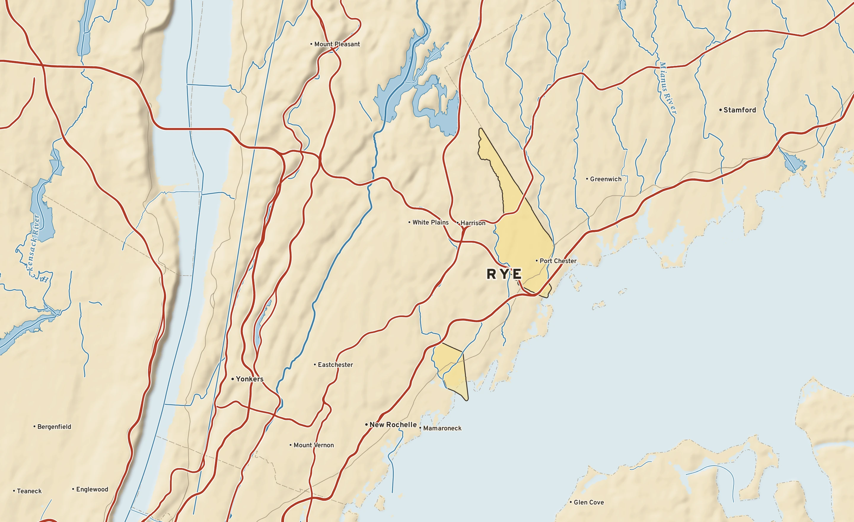 Shaded-relief atlas plate of Rye, New York: rivers, roads, the city limits and where the water drains.