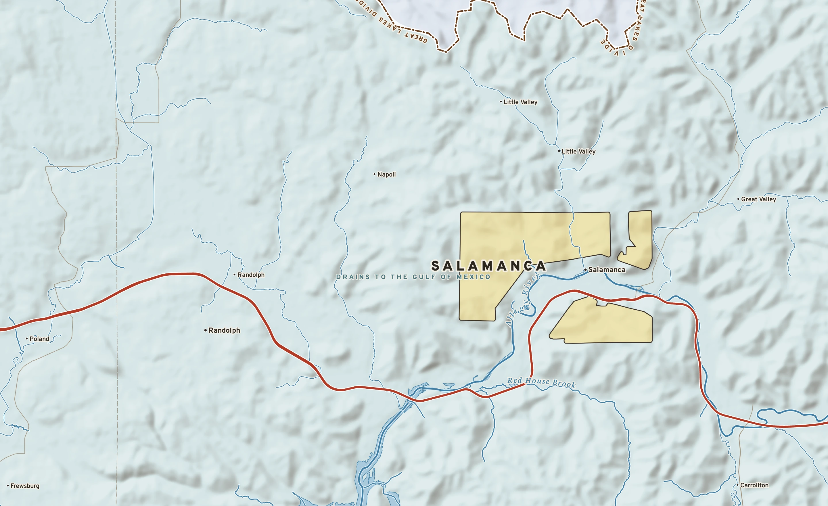 Shaded-relief atlas plate of Salamanca, New York: rivers, roads, the city limits and where the water drains.